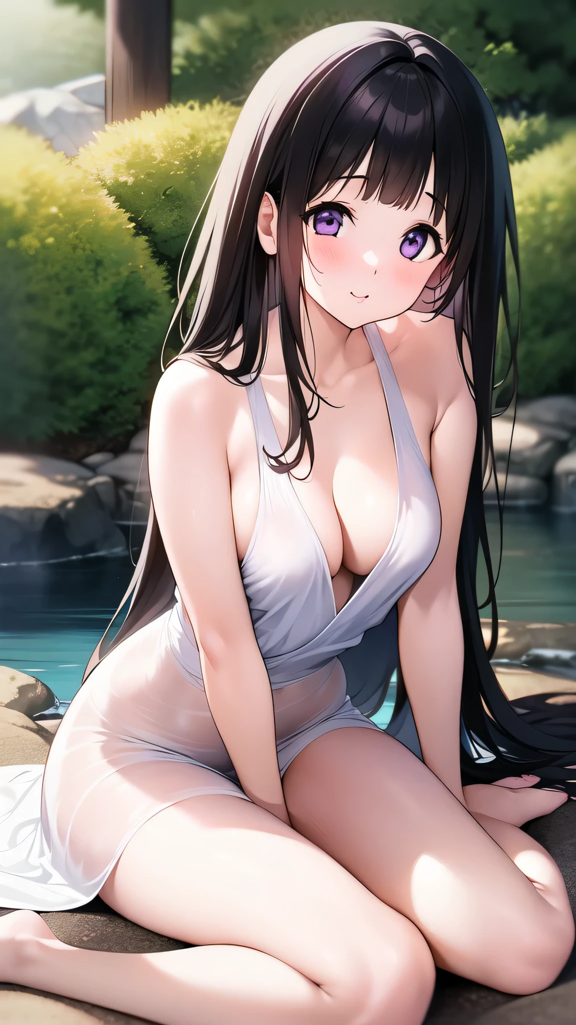 Amazing Chitanda, There is only one beautiful girl,purple eyes, black hair, Naturally straight hair, straight bangs, extremely refined,adult face,lips open,flowing long hair,Peerless beautiful girl, dreamlike,Slim,soft, (Sensual), (kawaii), Dream quality,On the edge of the hot springs,White transparent nightdress,camel toe,no underwear,side breasts,showing areola,Bare thighs,bare shoulders,Clavicle exposed,bare neck,groin,barefoot,bare breasts,ultra high resolution, (masterpiece:1.2, best quality), (Exquisite and beautiful eyes: 1.2), (Beautiful and delicate face)