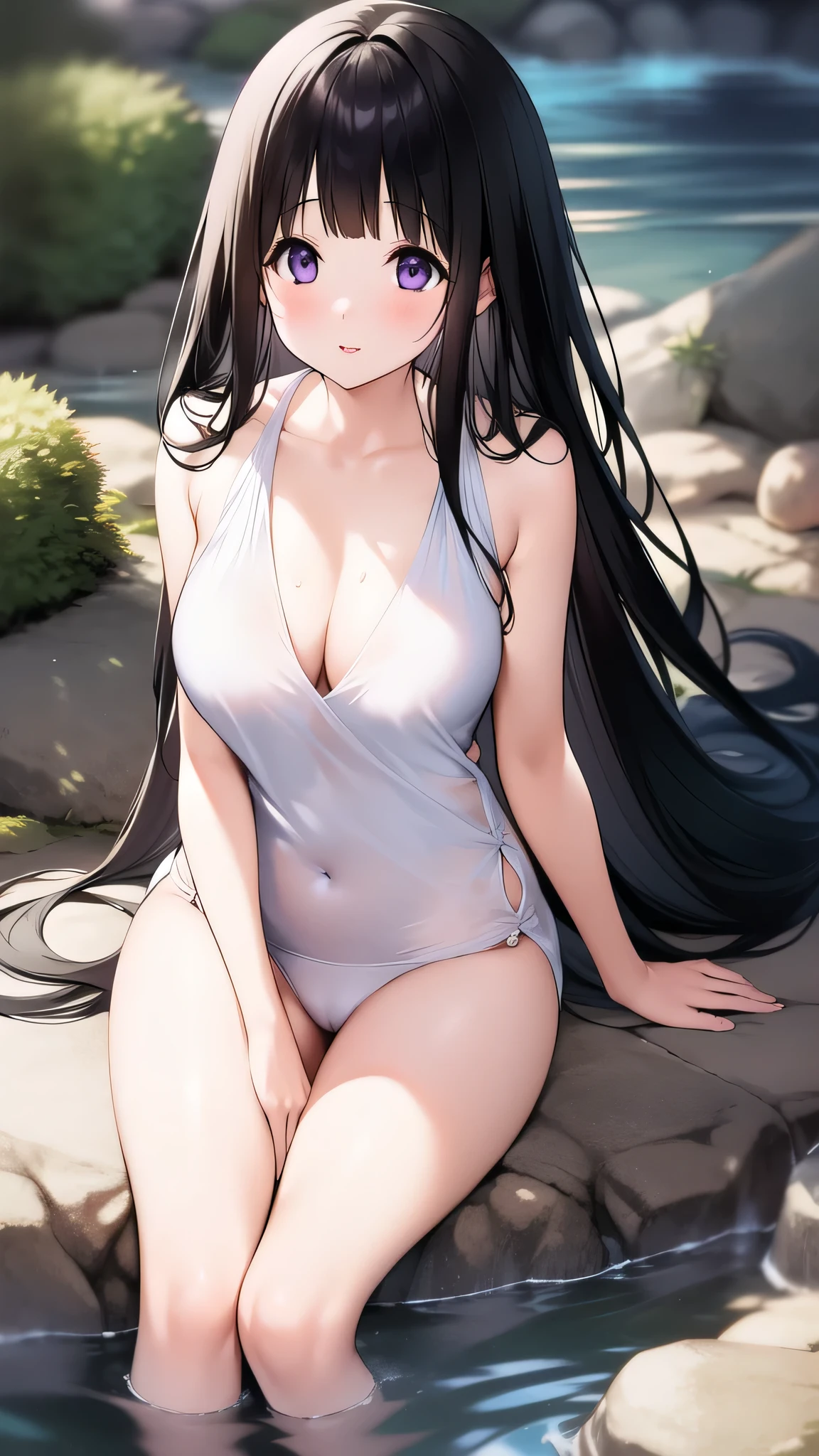 Amazing Chitanda, There is only one beautiful girl,purple eyes, black hair, Naturally straight hair, straight bangs, extremely refined,adult face,lips open,flowing long hair,Peerless beautiful girl, dreamlike,Slim,soft, (Sensual), (kawaii), Dream quality,On the edge of the hot springs,White transparent nightdress,camel toe,no underwear,side breasts,showing areola,Bare thighs,bare shoulders,Clavicle exposed,bare neck,groin,barefoot,bare breasts,ultra high resolution, (masterpiece:1.2, best quality), (Exquisite and beautiful eyes: 1.2), (Beautiful and delicate face)
