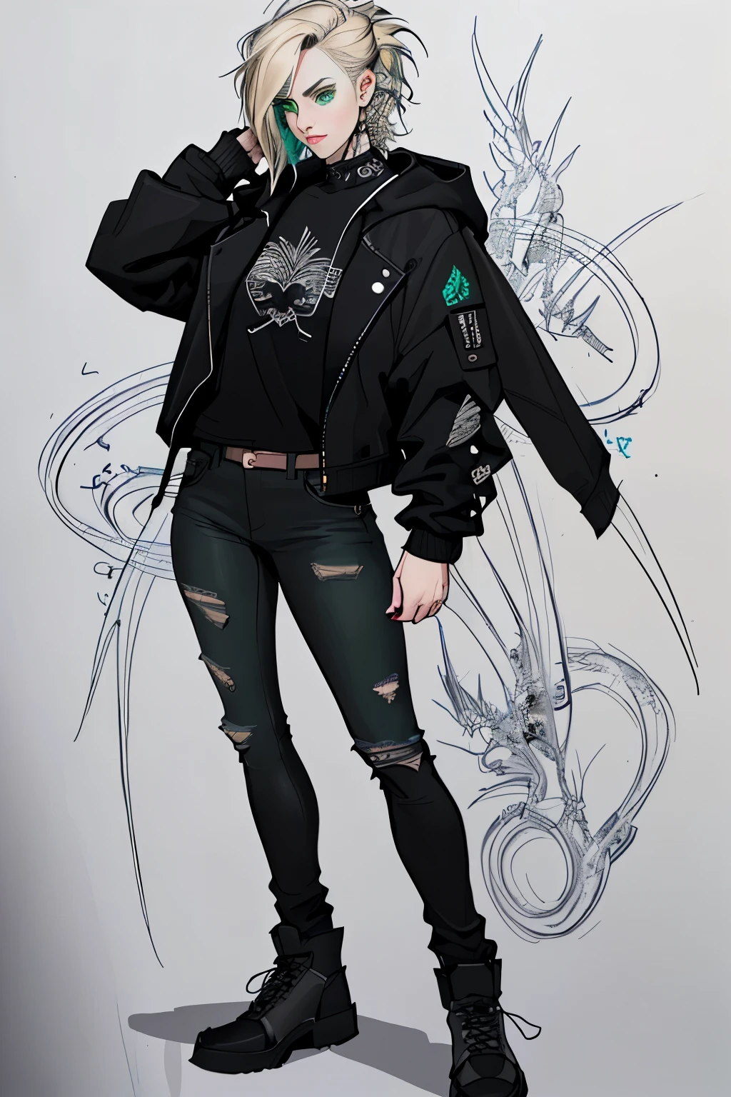 1 girl, Sidecut hair, vi arcane, Sidecut hair, ager, hyper realistic hands, detailed hyper realistic eyes, rock jacket, jeans, black clothing, blond hair, light background, full body, long hair, teen, tribal tattoo, colorful parts, sketchbook, hand drawn hand, symbols, dark, bold, realistic sketch, sketch, mixing dark lines and loose lines, bold lines, on paper, turn on character sheet, human woman, green eyes, full body, elegant pose, lots of details, stylish outfit, symbols, runes, dark theme, black shirt, beautiful, pretty, modest