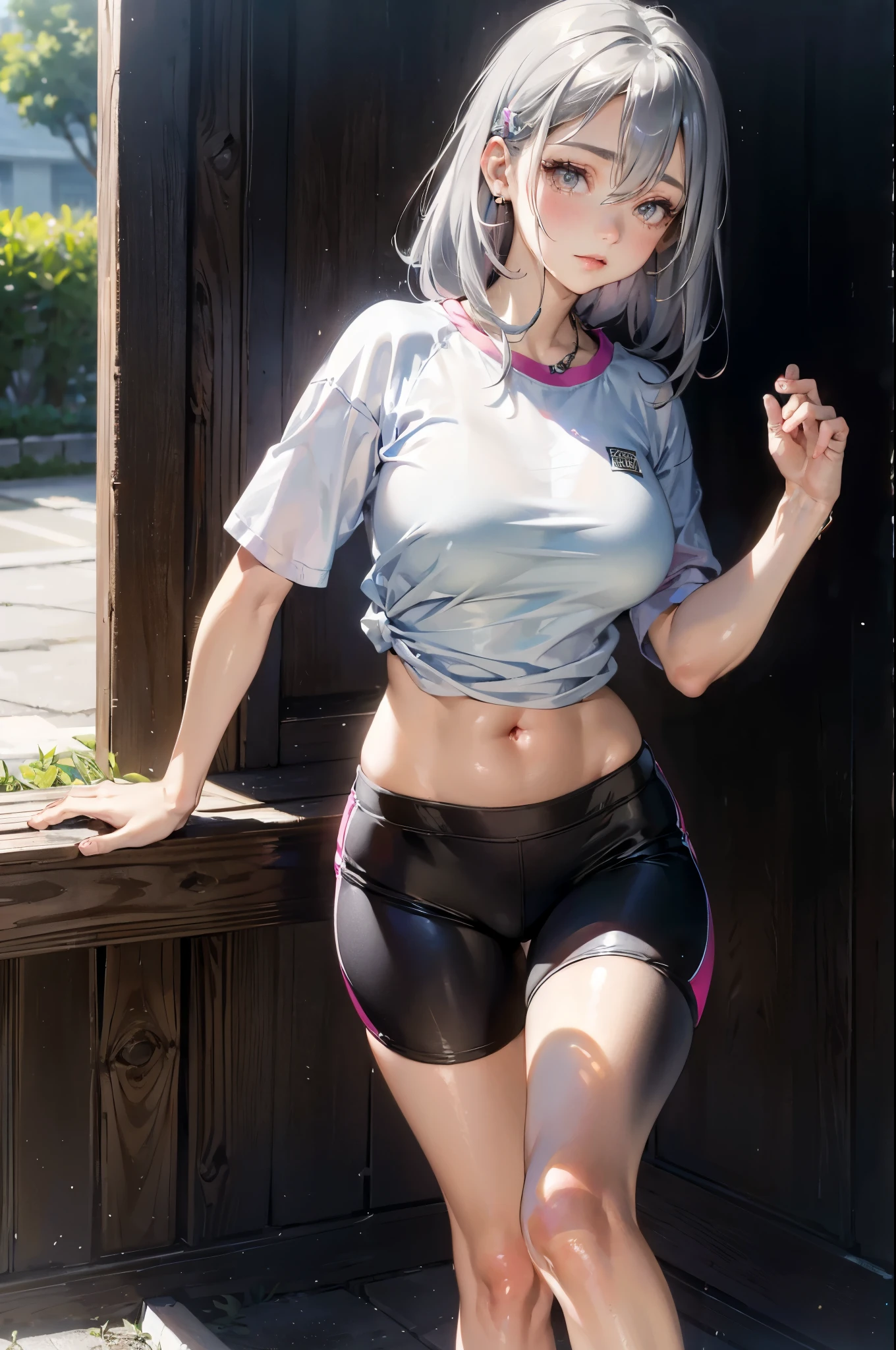 best quality, original photo, ultra high resolution, Shot from the side, bright silver hair, bright gray hair, Laughter, The corners of the mouth are raised, ************ Korean, very large round breasts, split, Short T-shirt, running clothes, trainingwear, running shorts, White skin, Fair and shiny skin, short bob, Beautiful matching bangs, beautiful eyes of random colors, lips are very thin, Every detail of the eyes is beautiful, elongated eyes, pale pink blush, long eyelashes, beautiful double eyelids, eye shadow, beautiful thin legs, beautiful feet, beautiful navel, beautiful abs, Beautiful ribs, beautiful constriction, Beautiful hip lines, necklace, earrings, hair accessories, Night Park, Night stairs, a, leaning against wall, Holding a towel in his hand，huge breasts，Grooves reveal original skin