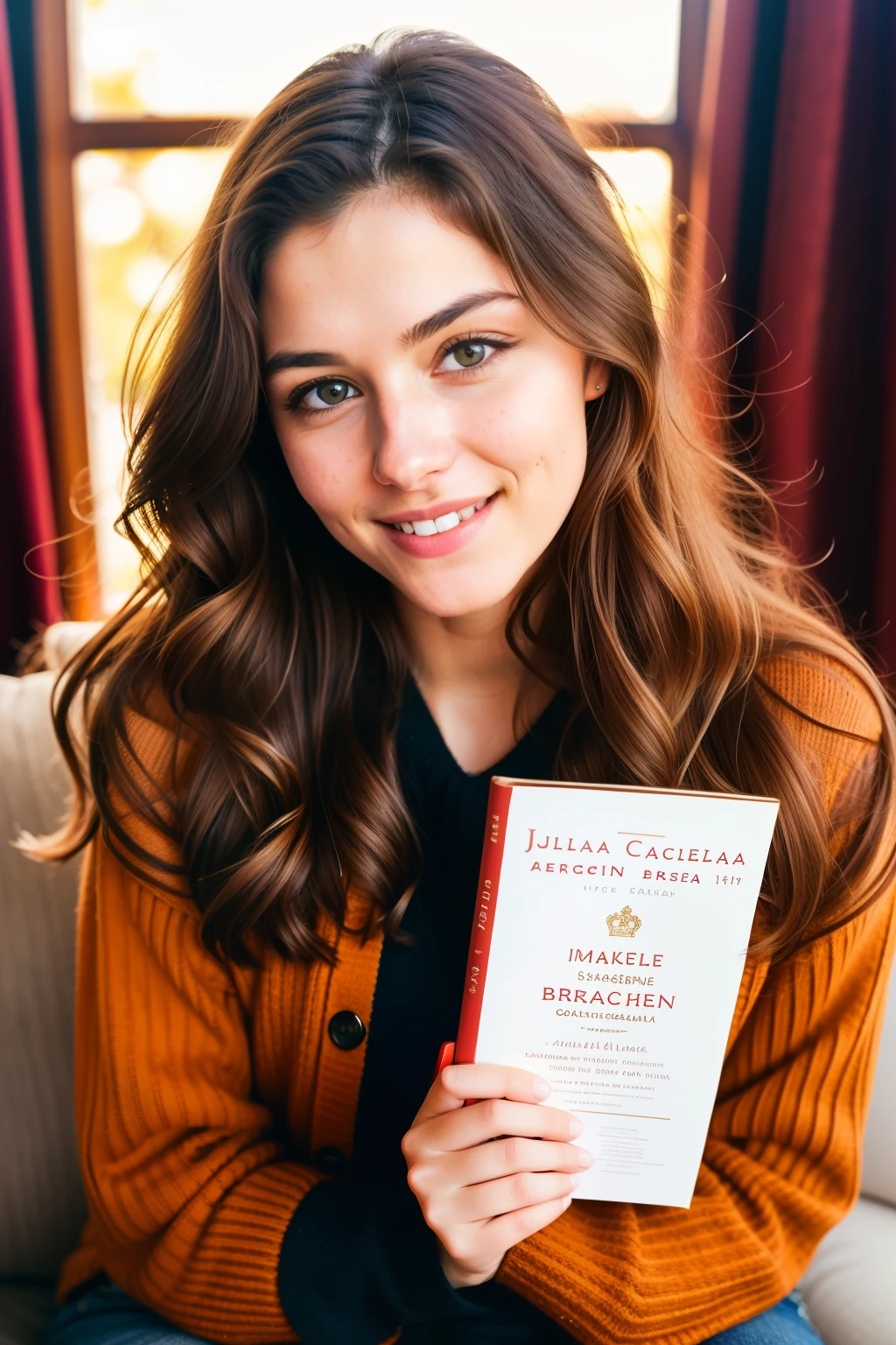 Beautiful Julia with radiant brown eyes and chestnut wavy hair, 24 years old, sitting on a cozy armchair, wearing a red cardigan sweater, holding a vintage book, warm and inviting scene, autumn colors, natural light, genuine emotion, high resolution, masterpiece, best quality, intricate details, sharp focus, detailed skin, realistic skin texture, texture, expressive eyes, professional, 4k, captivating smile, shot on Nikon, 50mm, soft depth of field, Kodak Portra color, yet curvy figure, highly detailed, photography\_ultra, photorealistic, realistic, post-processing, maximum details, authenticity