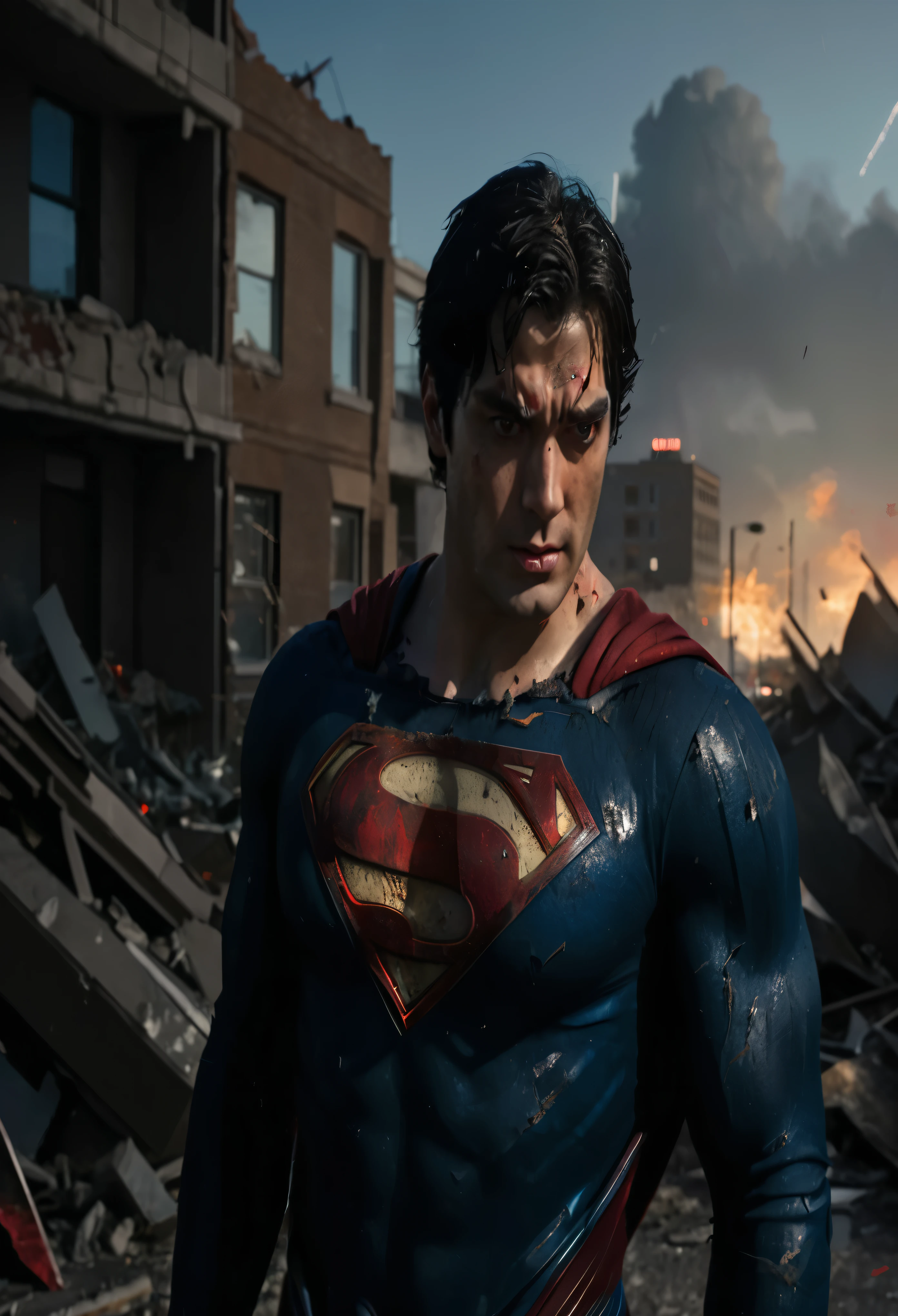 Create an image of Superman with his clothes torn and injured with red eyes on a background with destroyed buildings