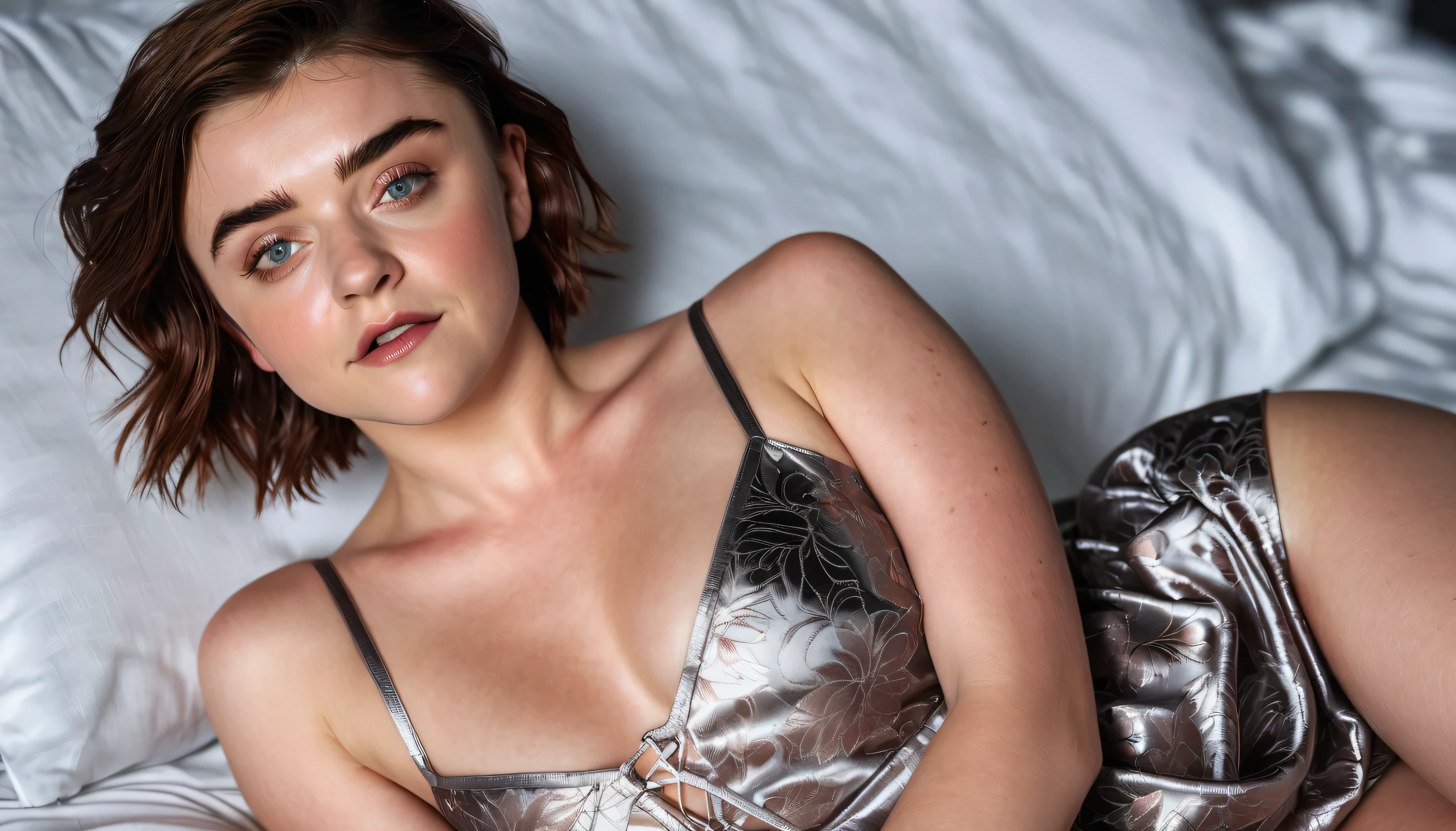 RAW-Foto, RAW-Foto von Maisie Williams, (full body shoot), Arya Stark, Sie ist gerade 14 Jahre alt, Body build like the original from the Games of Throne series, (Arya Stark lies on her back), im Bett, (ein Bein in die Luft gestreckt), Full body shot, von oben, seductive negligee, (Super White Metallic Bright, Rot Braun, Zinnoberrot, Rose), sexy Oberteil, sheer top, with spaghetti straps, (Aus Eisseide), (top quality、8K、32K, Meisterwerk、nffsw:1.3),(Photorealsitic:1.4),(Das Ultra – Das High-Definition),(Ultrarealistisches 8kCG), Nice shadow gradient, Reflexionen auf dem Negligee, Perfekte helle Beleuchtung, beautiful and well-groomed face, beautiful eyes, Detaillierte Lippen, Doppelte Augenlider, Der Hintergrund ist in einer einfachen Farbe gehalten, Sie liegt im Bett, whole body to see, looks seductive, skirt up, skirt up