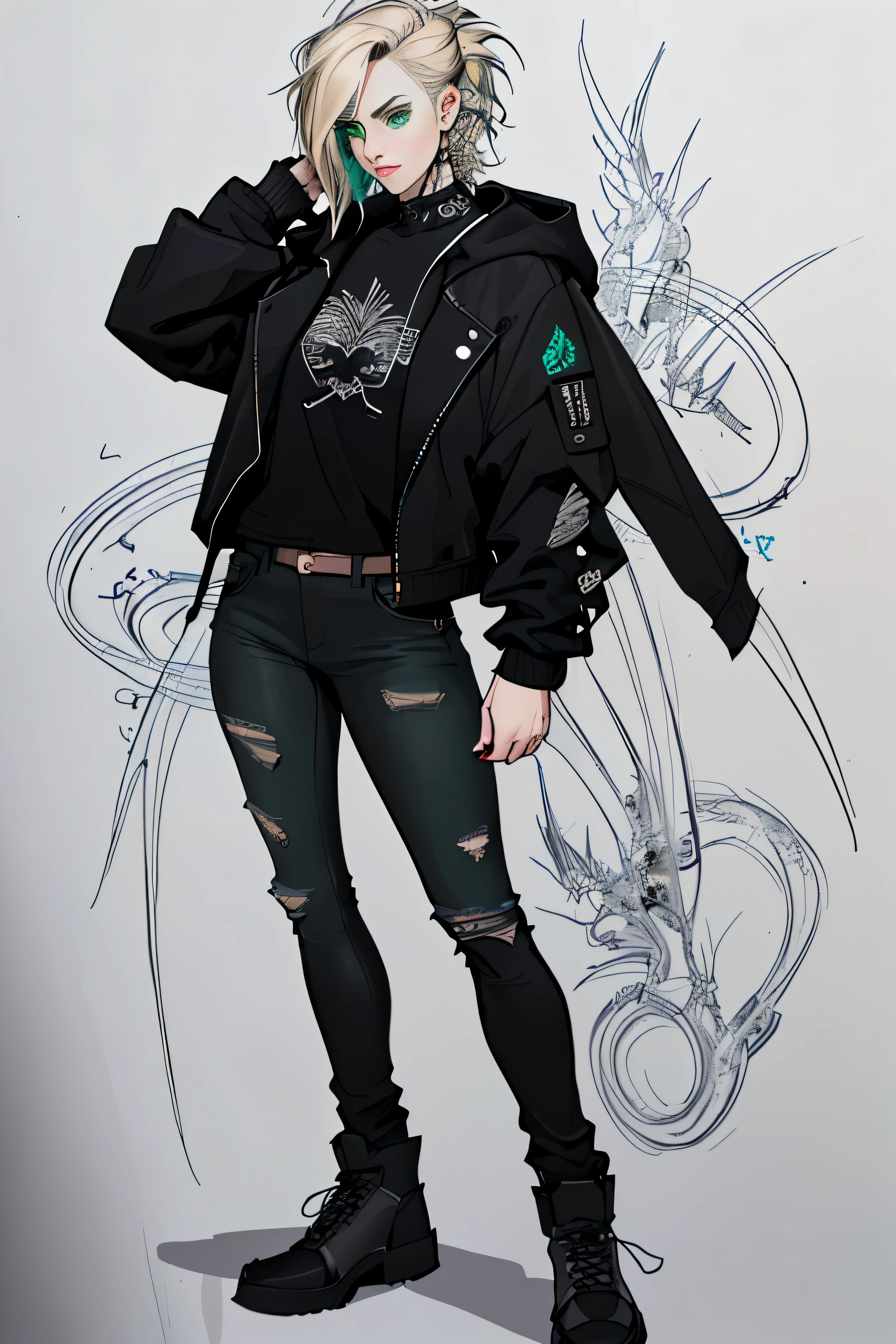 1 girl, Sidecut hair, vi arcane, Sidecut hair, teenager, hyper realistic hands, detailed hyper realistic eyes, rock jacket, jeans, black clothing, blond hair, light background, full body, long hair, teenager, tribal tattoo, colorful parts, sketchbook, hand drawn hand, symbols, dark, bold, realistic sketch, sketch, mixing dark lines and loose lines, bold lines, on paper, turn on character sheet, human woman, green eyes, full body, elegant pose, lots of details, stylish outfit, symbols, runes, dark theme, black shirt, beautiful, pretty, modest