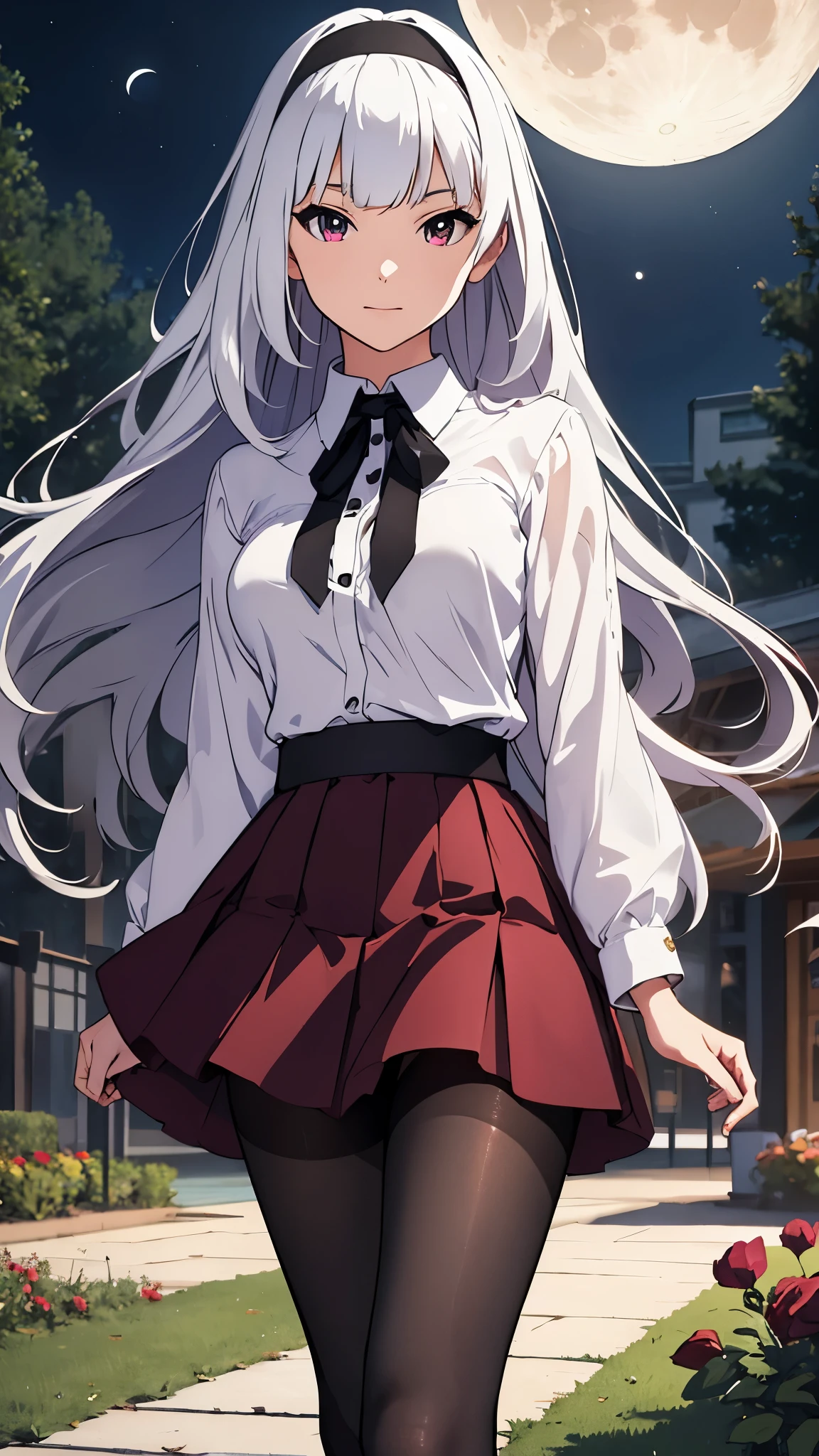 CG, unity, 8k, wallpaper, highest quality, masterpiece, Beautiful woman, 18-year-old, long white hair, white skin, BREAK, white blouse, BREAK, dark red skirt, BREAK, (black pantyhose:1.3), (Realistic:1.2), best lighting, complex pupils, complex textile, detailed background, (There is a moon at the back: 1.3), starry skies, night, In the flower garden