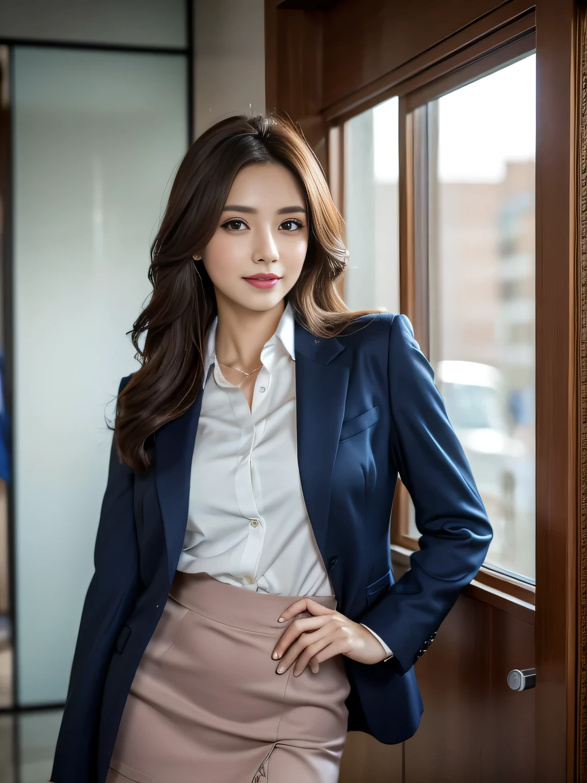 best quality, realistically, super detailed, detailed pubic hair, High resolution, 8k wallpaper, 1 beautiful woman, Pink wet lips, light brown messy hair, Wear a dark blue office suit and short skirt, lock focus, perfect dynamic composition, beautiful eyes, delicate hair, Detailed realistically skin texture, smile, close up portrait, model body shape, In a nostalgic office, blurred background, (full body shot), Shooting from a distance,