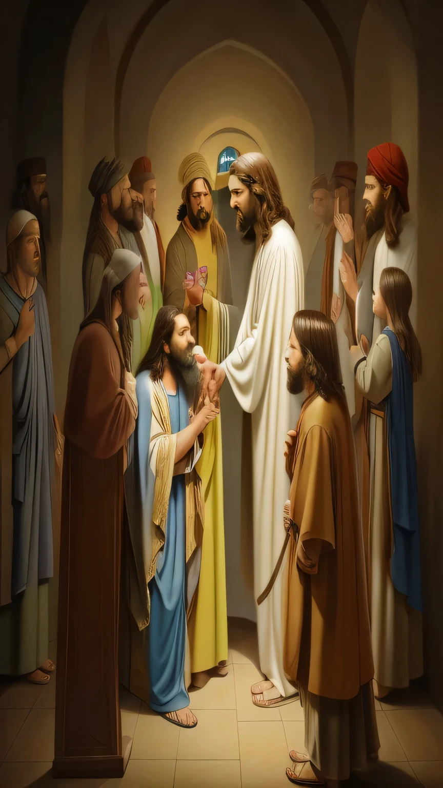 Jesus is talking to people in a room with a table, Greg Olsen, biblical painting, Jesus wasted on a , beautiful representation, bible illustration, por Nicholas Marsicano, por Meredith Dillman, pintura religiosa, por Kristin Nelson, biblical art style, por Brian Thomas, by Jason Felix, Christian art, por Joseph Binder, Catholic religious art