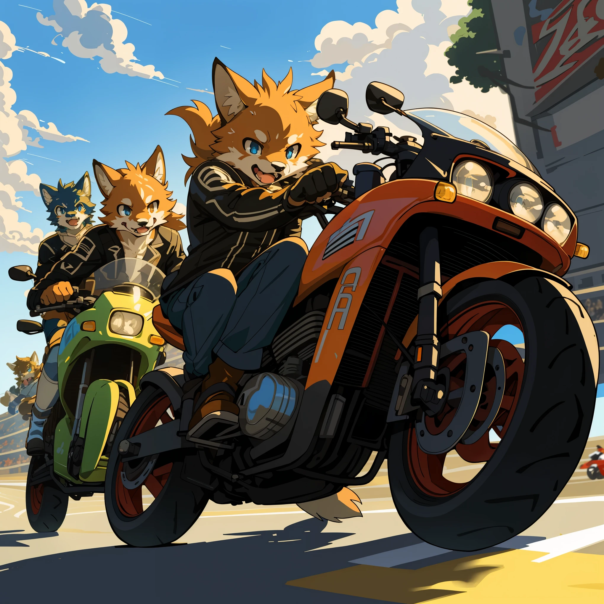 top quality, best quality, High-quality illustrations, masterpiece, super high resolution, detailed background, motorcycle, racing, 6+boys, 6+girls, absurdres(highly detailed beautiful face and eyes)perfect anatomy, expression, good lighting, cinematic shadow(kemono, furry anthro)assorted poses, dynamic angle | nostalgic 70s | 35mm film still,