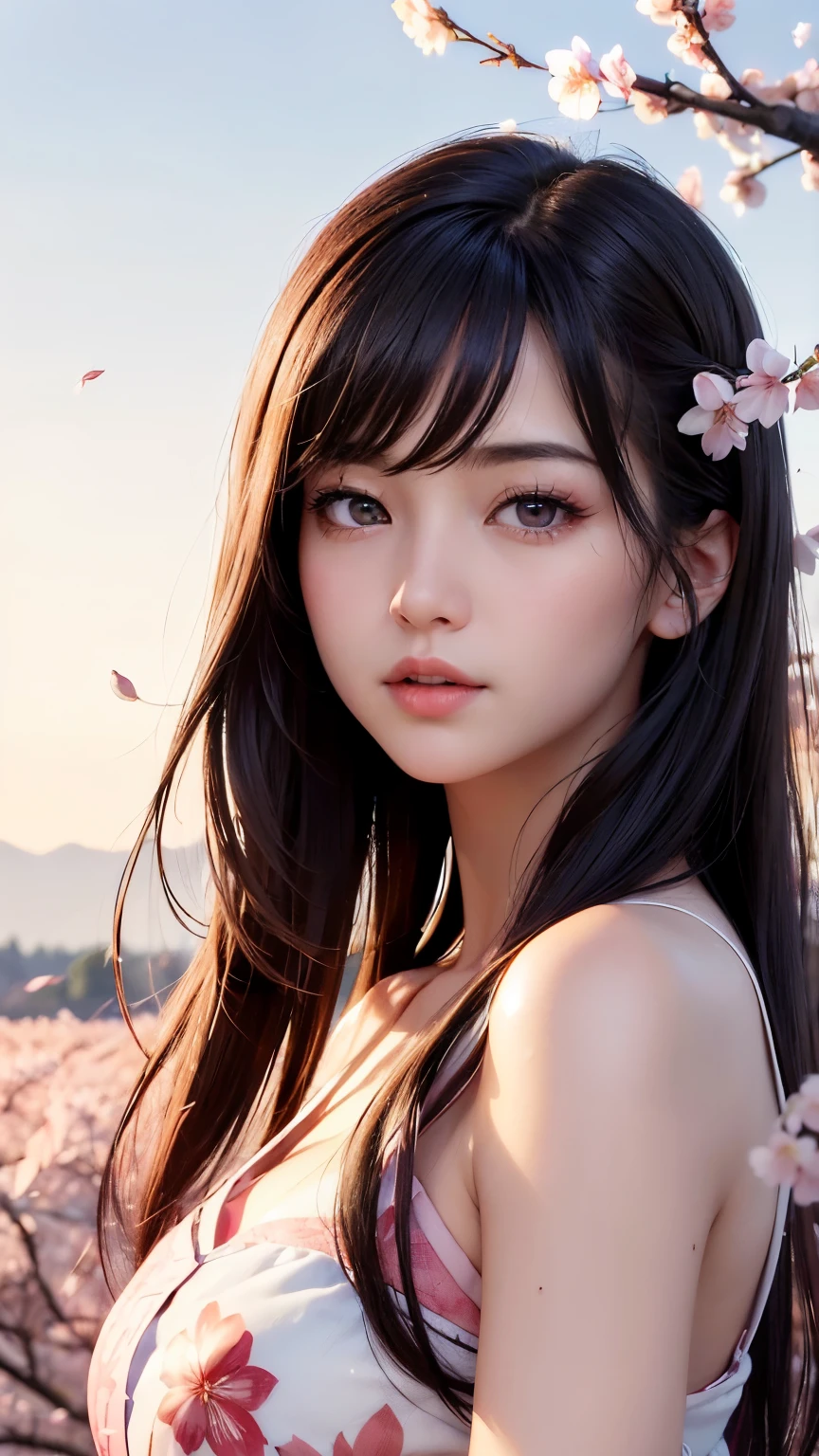 (A logo、masterpiece、8K、masutepiece、Raw photo、Fantastic、Best Quality、Photorealistic and ighly detailed CG integrated 8k wallpaper、hightquality、ighly detailed、epic poem、Particle effect、Dynamic effects、depth of fields、Cinematic Light、Lens Flare、Ray tracing)、Fantasia、 (Beauty 1 person、doress、Dress、Cherry blossom pattern、A dark-haired、Beautiful face、Real Face、beautiful details eyes beautiful skin)、my hair dances in the wind、Hair flutters in the wind、Hair jumps、Pink cherry blossom tree、Petals flutter、Sakura blizzard、Superb view、morning glow、Sun in the background、the wind、
