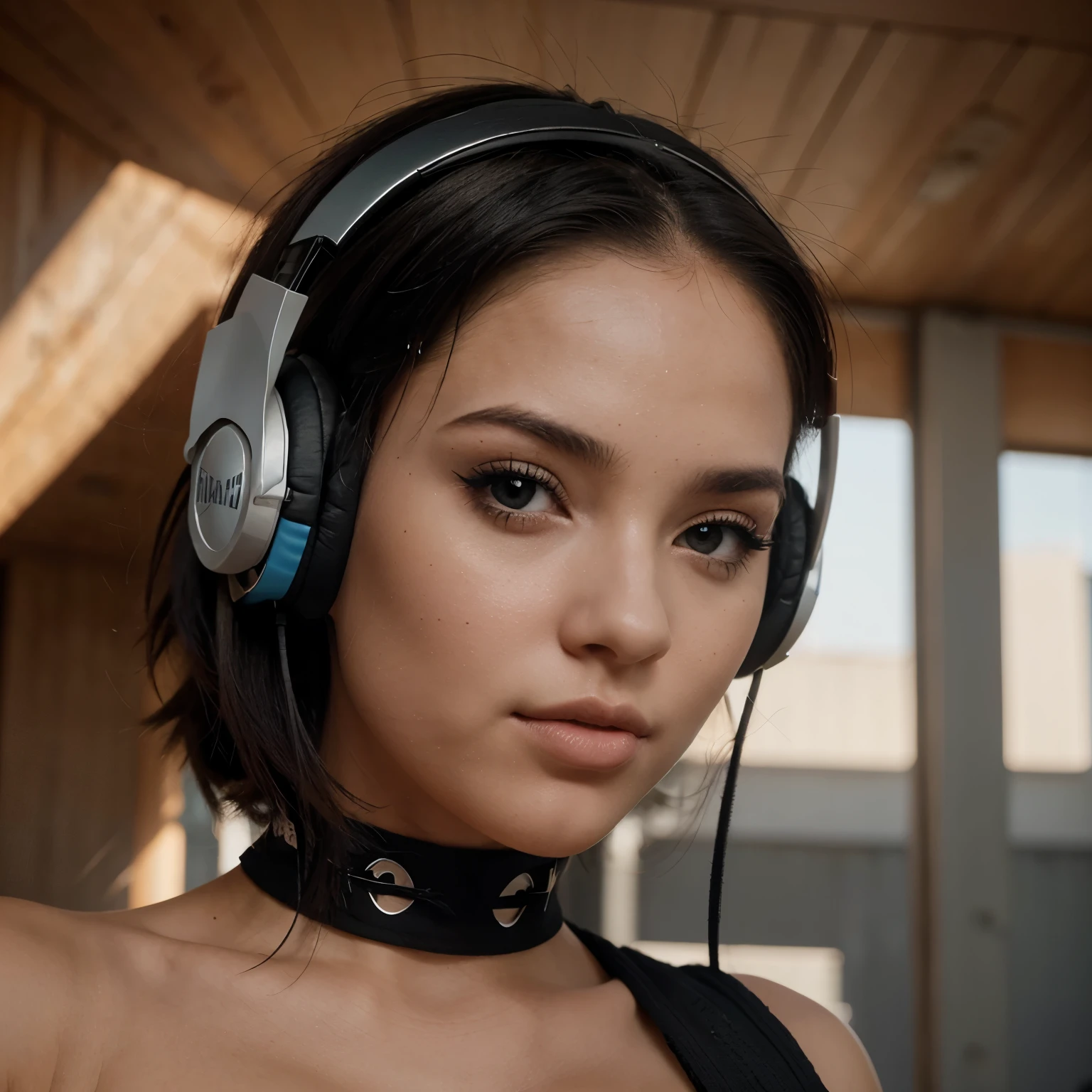 Uma mulher com cabelos longos pretos, olhos azuis e algumas bandagens em seu rosto cobrindo a boca, She wears black anime-style headphones.
