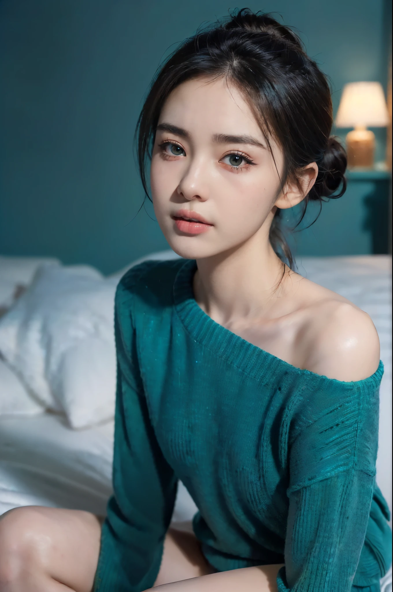 ((((8k))),((Extremely meticulous CG)) ,(wallpaper),16k,((Extremely refined and beautiful)),(((Masterpiece))),(((best qualtiy))),(((Ultra High Resolution))),beautiful light up,Perfect lightning,realistic shaded,((high resolution)),(Smooth and flawless fair skin:1.5),(pale skin:1.3),(Extremely exquisite facial details:1.2),(perfect body:1.1),(ultra-detailed),((A beautiful girl,solo)),(small head:1.2),(short ponytail:1.2),(small face:1.2),(baby face:1.3),(female orgasmic:1.5),(blush:1.3),(ahegao:1.3),(Exquisite makeup:1.2),(small breasts:1.2),(flat chests:1.2),(slim:1.3),(happy:1.2),(laughing:1.2),(shoulder off:1.2),(teal sweater:1.5),(night scene:1.5),(indoor:1.2),(sitting on the bed:1.5),(close-up of face:1.3),(from front:1.3),(in bedroom:1.3)
