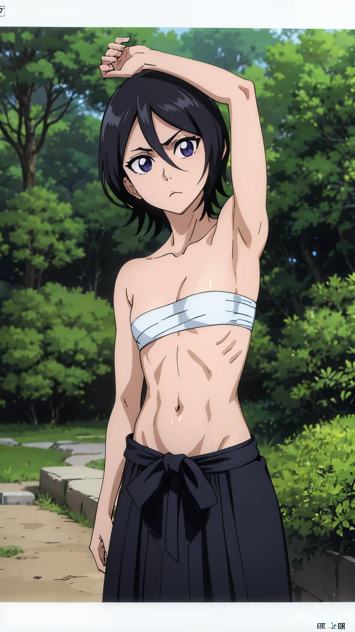 (short girl), masterpiece, highres, solo, 8k, detailed, perfect face, best quality, (ultra high quality), (looking at viewers), (armpit), collarbone, bare arms, small breast, cleavage, black hair, short hair, violet eyes, belly, stomach, navel, abs, sarashi chest, bandaged breast, (black hakama), slim body, upper body, emotionless, flat face, at forest, hand up