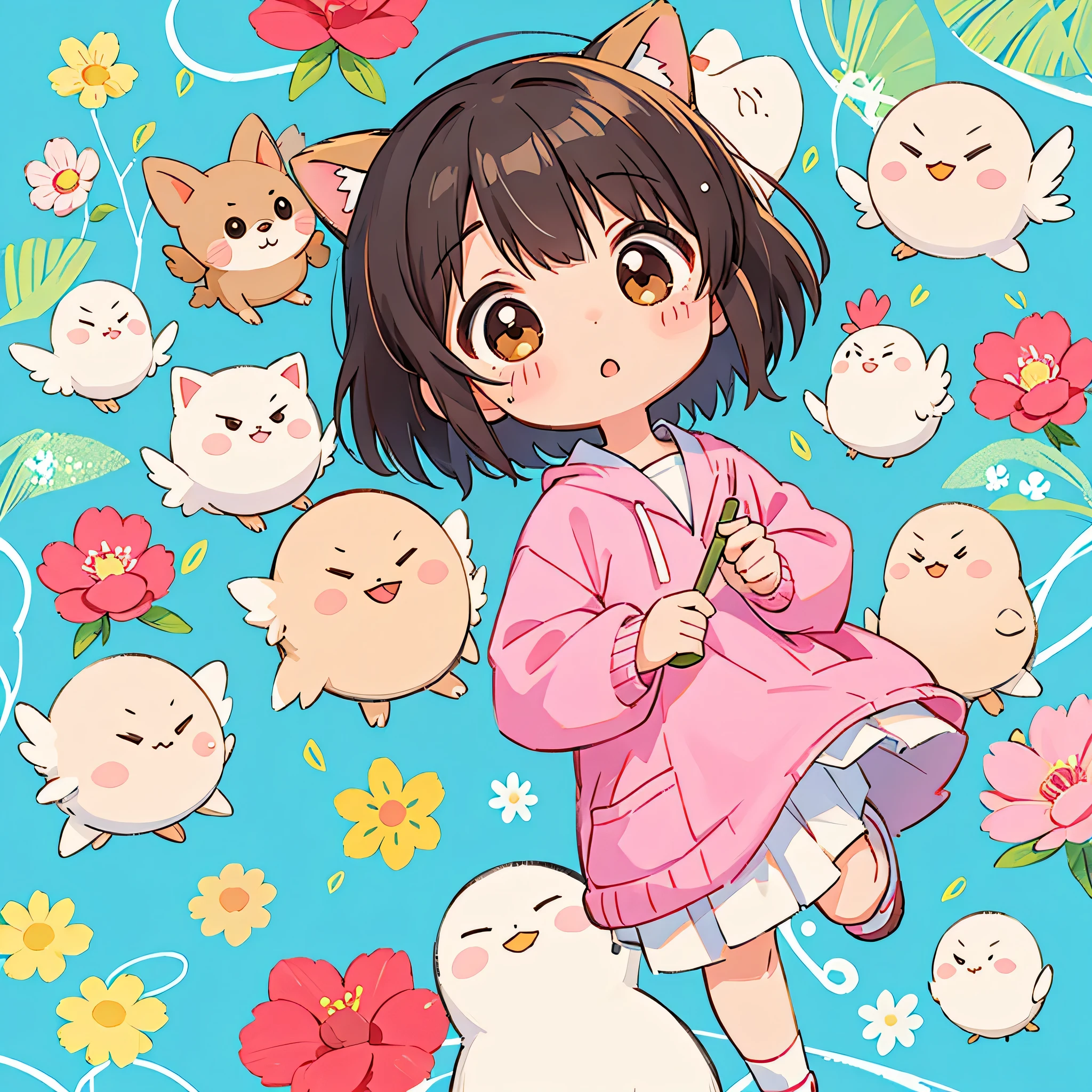 Machiko Satonaka style, Kawaii Design, most beautiful girl ever、Chibi,beautiful spring afternoon、birdie、