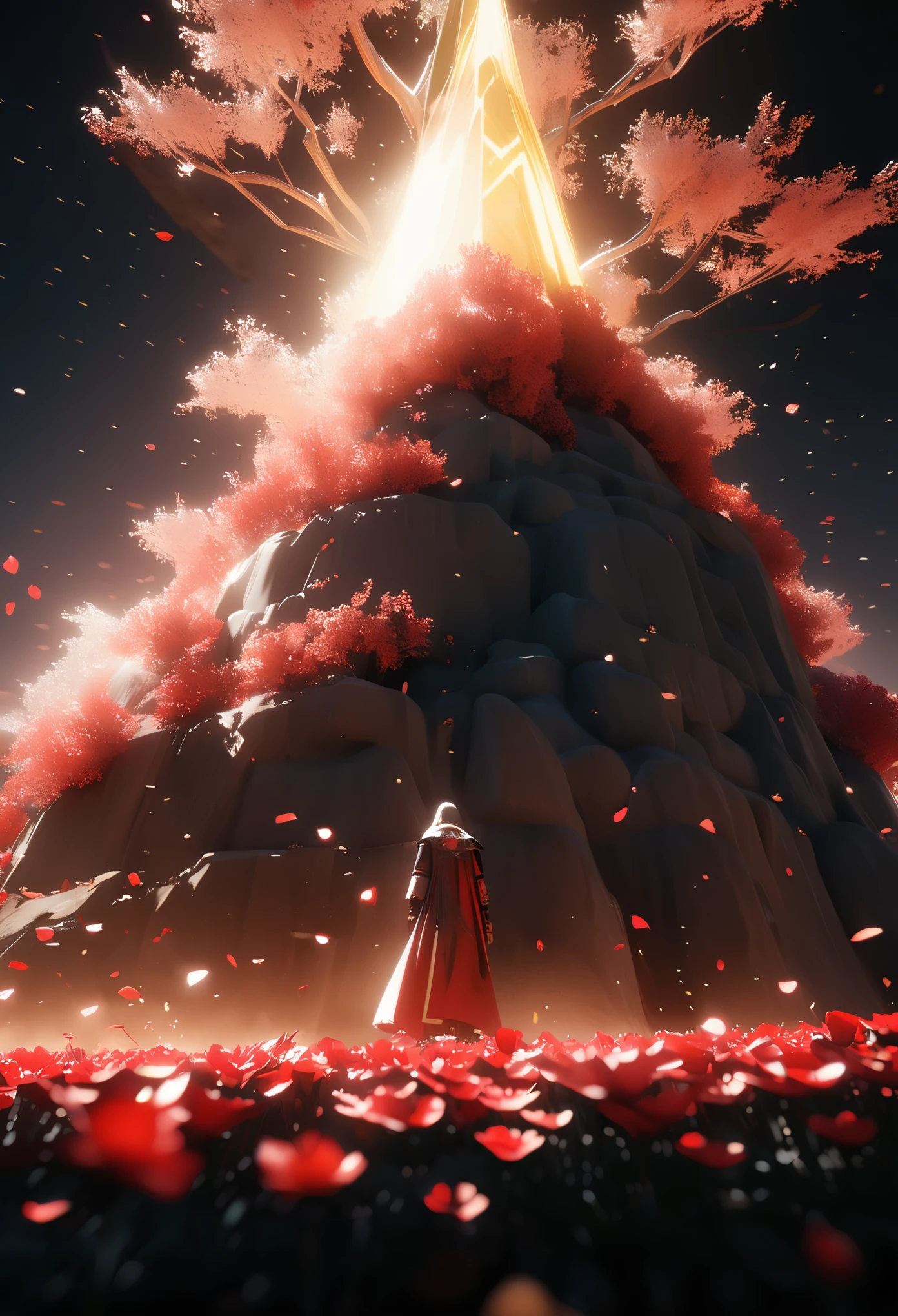 a white glowing tree in the middle of red flower field, on an island floating above water, with two people standing next to it wearing long robes, black background, 3d render, unreal engine5, cinematic shot, low angle shot, fantasy style, volumetric lighting, ultra realistic, extremely detailed,,Terracotta Warriors