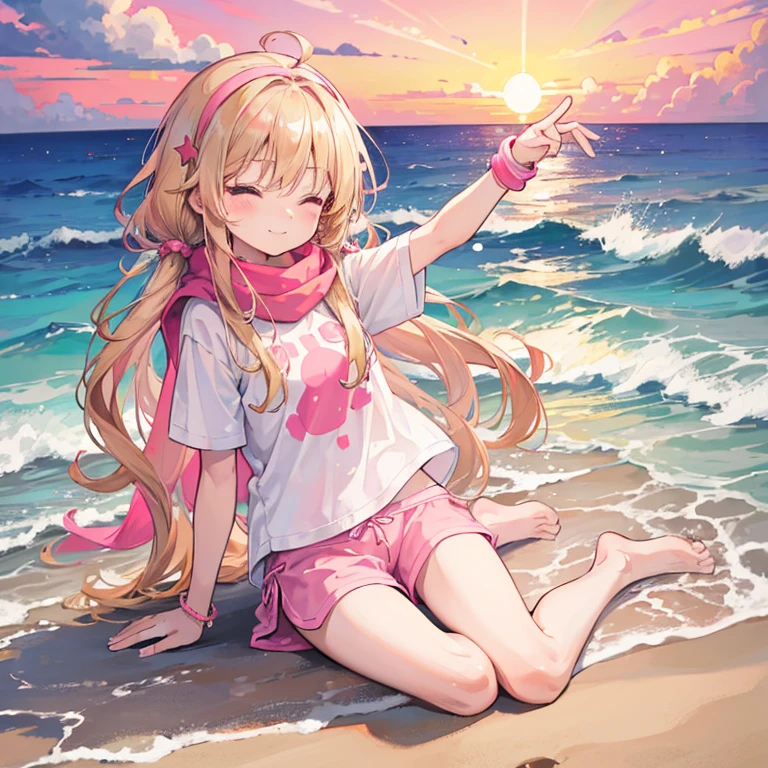 a cute 6 year old church girl named Anna, both brownish blonde hair, long wavy hair, pink white short sleeved tshirt, scarf, no pants, wearing a pink hairband, near the beach, eyes closed, sunset, slight smile, wristbands, barefoot, joyful, energetic 