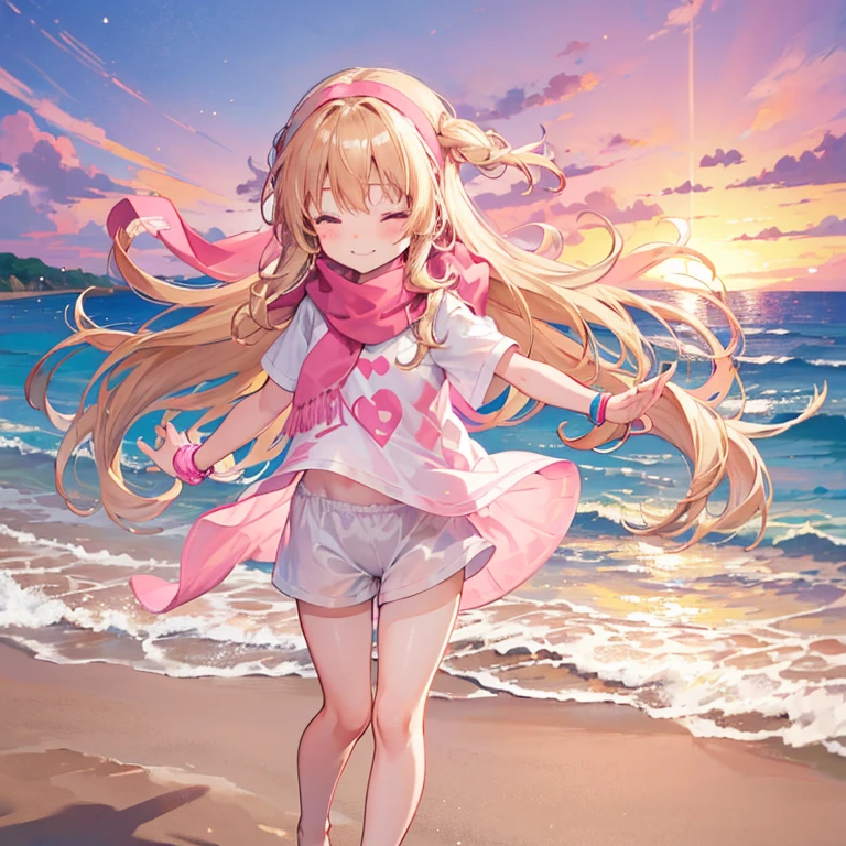 a cute 6 year old church girl named Anna, both brownish blonde hair, long wavy hair, pink white short sleeved tshirt, scarf, no pants, wearing a pink hairband, near the beach, eyes closed, sunset, slight smile, wristbands, barefoot, joyful, energetic