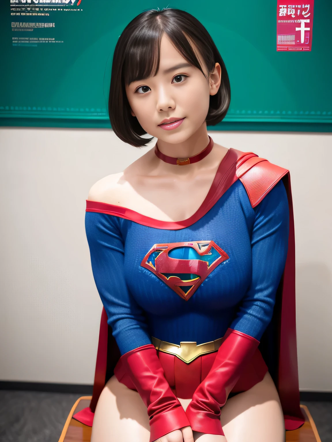 masterpiece、supergirl costume、short hair、enamel boots、big and full breasts、Crisis situation、sit on a chair、model body shape、shiny、long sleeve、looking at camera、choker、red mini skirt、Weekly magazine cover、gravure magazine、sweaty、whole body、from right in front、off shoulder、Seduce、