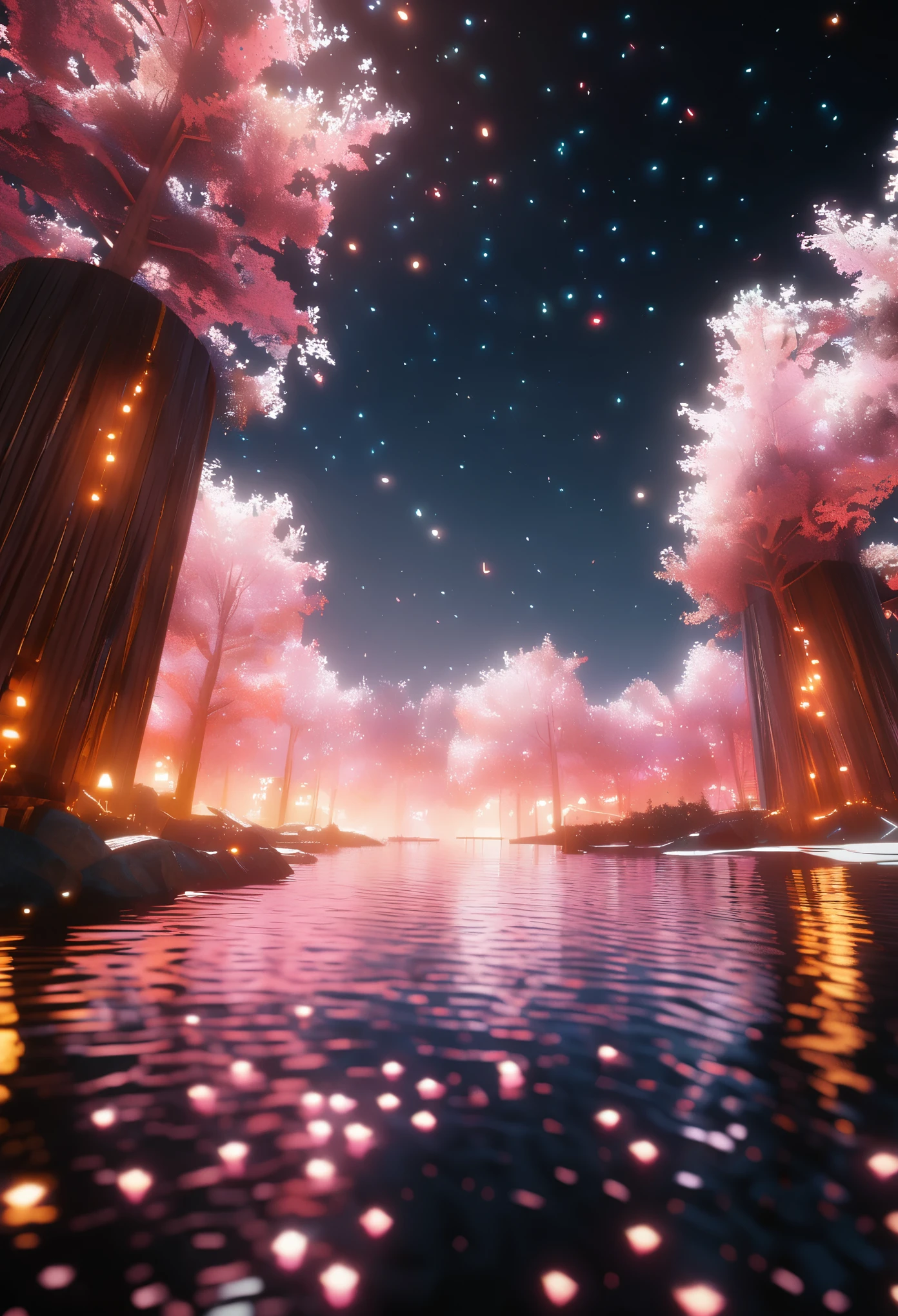in the style of guweiz, an ethereal glowing white goddess standing on top of water surrounded by red fireflies and neon flowers with tall tree in middle of island in background, black sky, unreal engine, octane render, volumetric lighting, octane render, octance reflections, hyper realistic, hyper detailed, hyper intricate details,