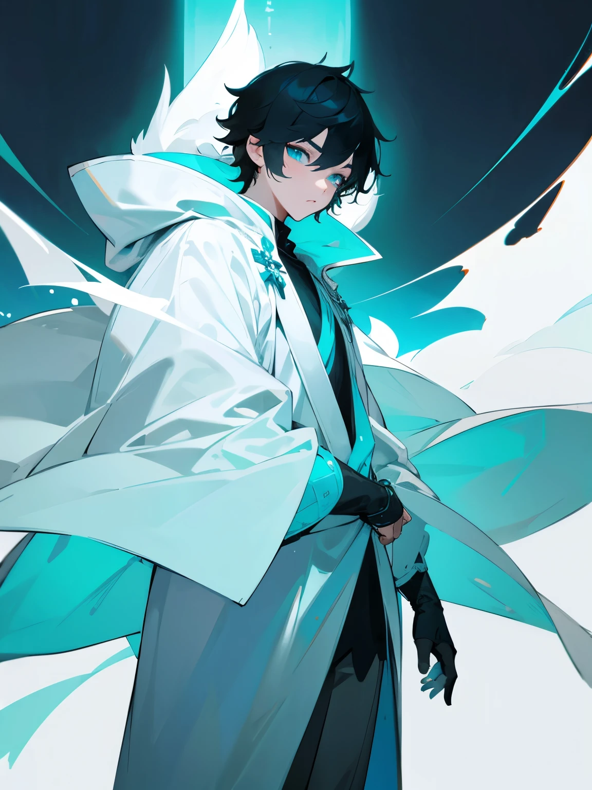 Russian ager mature boy, black short hair, cyan eyes, white cold weather outfit, white cloak, ultra detailed, Fantasy style