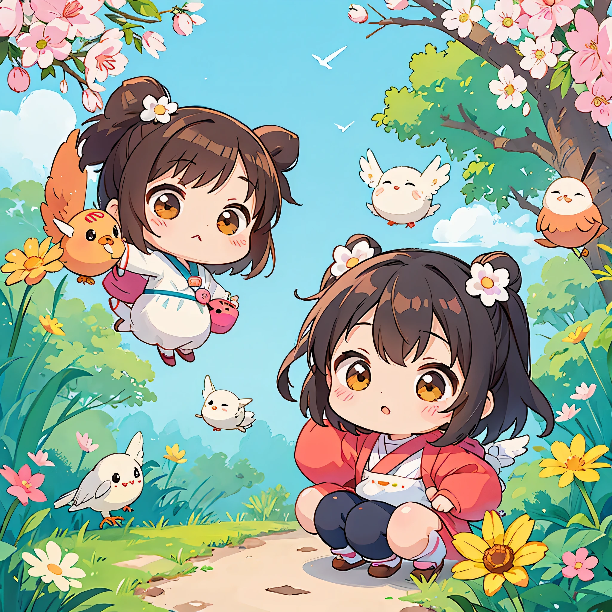 Machiko Satonaka style, Kawaii Design, most beautiful girl ever、Chibi,beautiful spring afternoon、birdie、