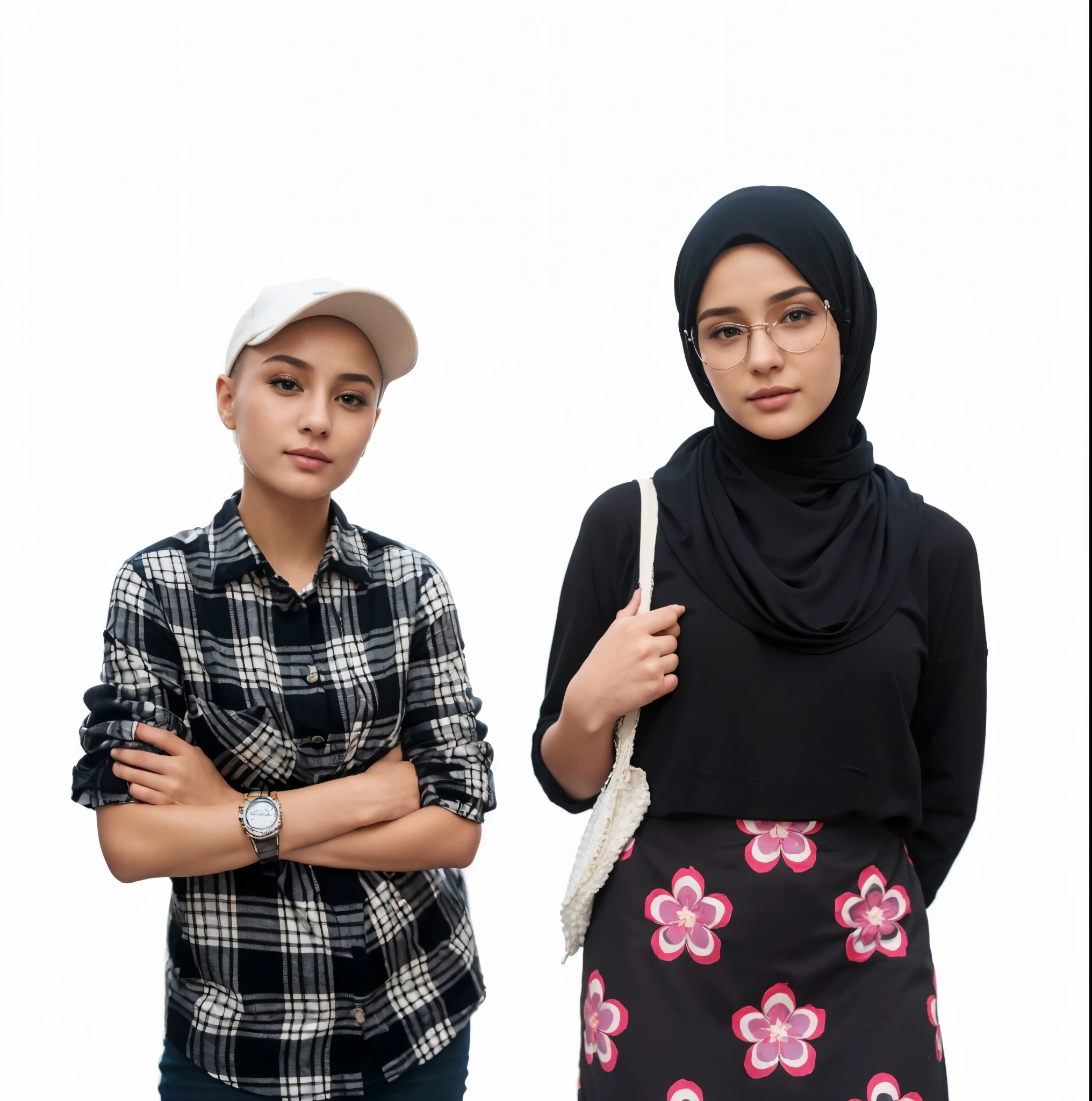 (8k, best quality, masterpiece:1.2),(best quality:1.0), (ultra highres:1.0), mall background, 1 woman and 1 girl, woman short hair under the cap, woman cute face, girl in hijab no hair seen, girl soft smile, detailed face features,