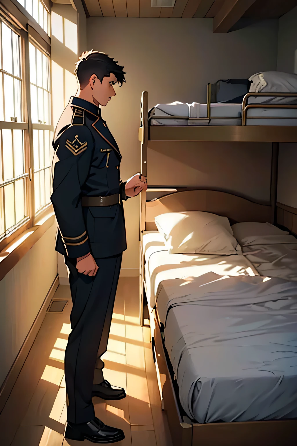 "Create an anime-inspired illustration of a military man standing beside a bunk bed in a barracks, the early morning sunlight streaming through a nearby window. The man is dressed in a neatly pressed uniform, his posture straight and disciplined as he meticulously tucks the sheets and arranges the pillows with great care. The room is sparsely decorated and immaculately tidy, emphasizing the order and structure of military life. Incorporate warm, golden hues in the sunlight, casting soft shadows across the scene to evoke a sense of a new day beginning and the importance of starting the day with purpose and intention."