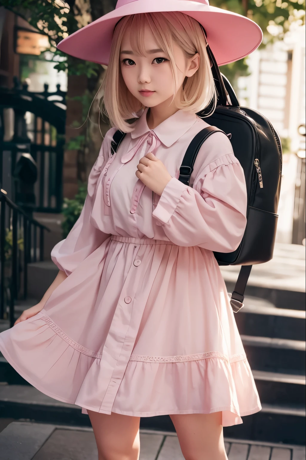 Masterpiece, hd, realistic, Asian girl, 20 y.o, blonde hair, wear pink hat, wear pink dress, collared dress, princess dress, puffy sleeves, wearing black backpack, standing, outdoor 