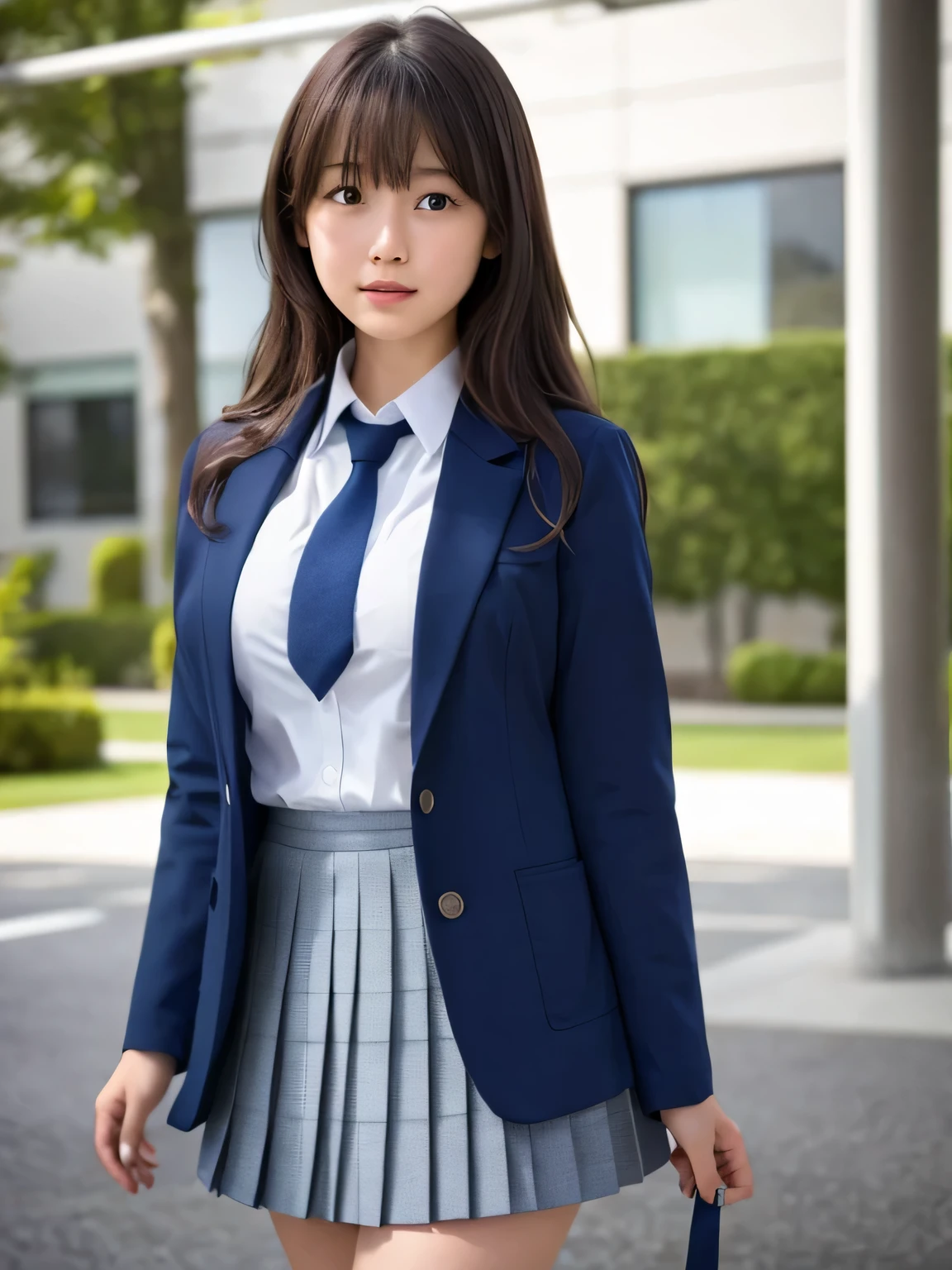 8k, highest quality, real image, intricate details, Super detailed, ultra high resolution, depth field,(realistic,realistic:1.2), (crying face:1.2), from front, 1 Japanese girl, very beautiful 17 year old girl, (beautiful breasts:1.5, highly detailed eyes:1.2), (beautiful breasts:1.1), (small breasts:1.5), wavy hair、curly hair、bangs, perfect skin, Fair skin, huge hips, thick thighs, thick legs, tight waist, alone, looking at the viewer, (School_uniform),(dark blue blazer), (white shirt、wear a tie), (gray pleated skirt), (sculpture installation :1.1)