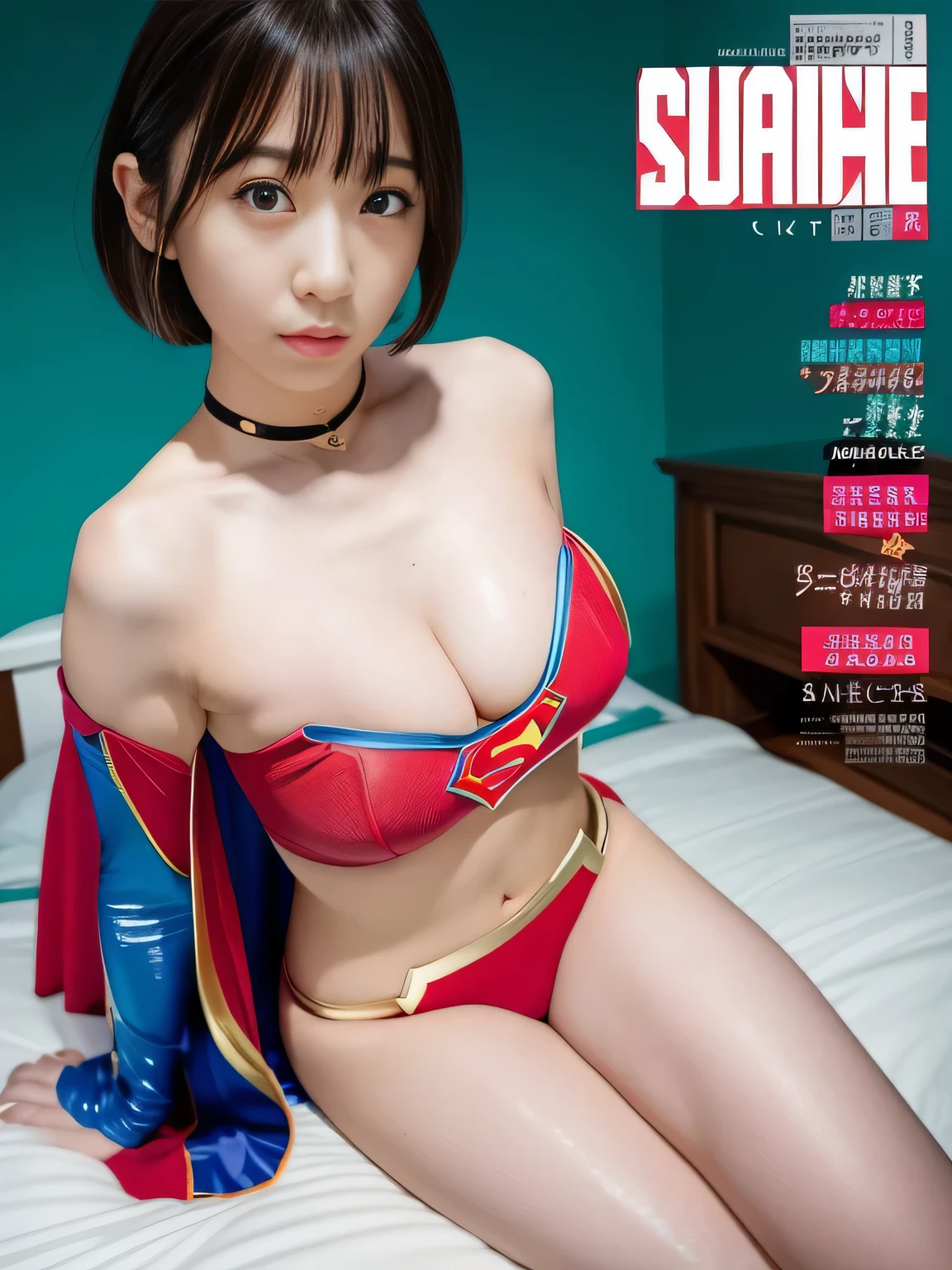 masterpiece、supergirl costume、short hair、barefoot、big and full breasts、public health center、cross your legs on the bed、Sexy pose to seduce、model body shape、shiny、looking at camera、choker、long sleeve、red mini skirt、Weekly magazine cover、gravure magazine、sweaty、Exciting、off shoulder、