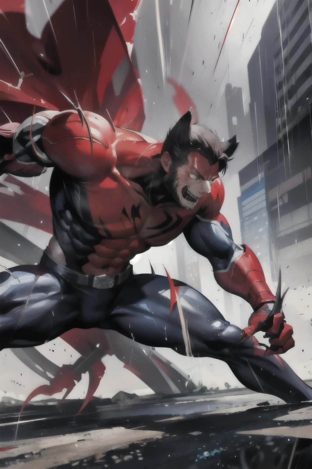 Wolverine, Spawn, fighting, rain, comic