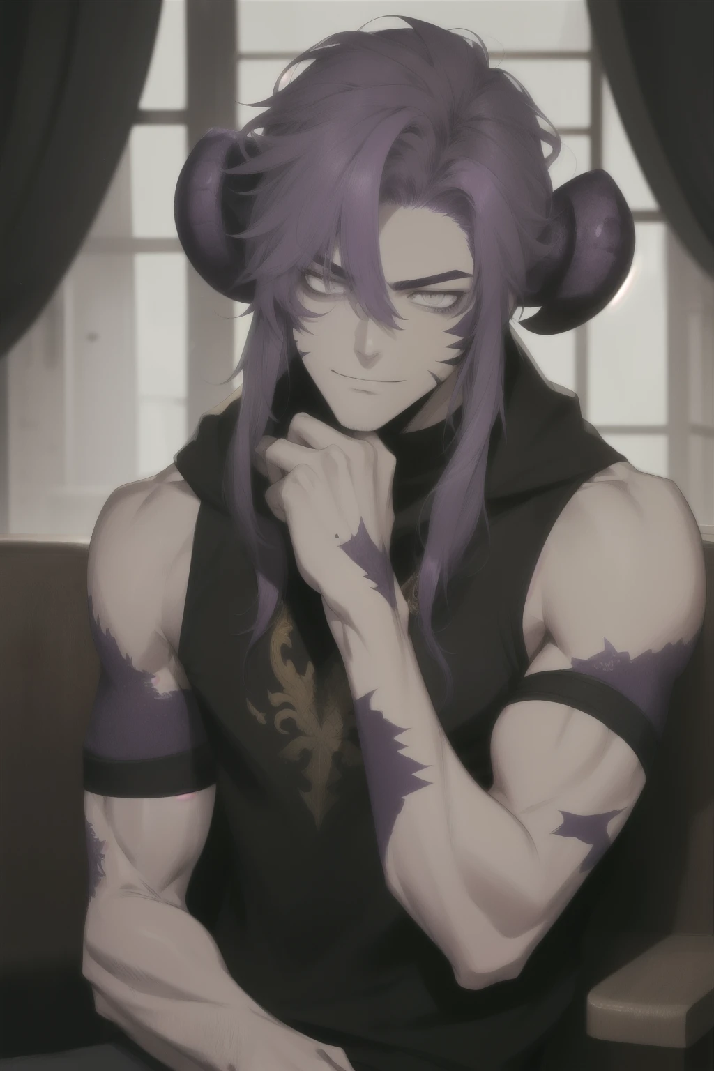 (highres, high quality:1.1), 1boy, sitting, smug, white eyes, bare shoulders, au ra, horns, big horns, purple skintone, lilac skintone, all purple, purple hair, sleeked back hair, front horns, very muscular man, adult, mature
