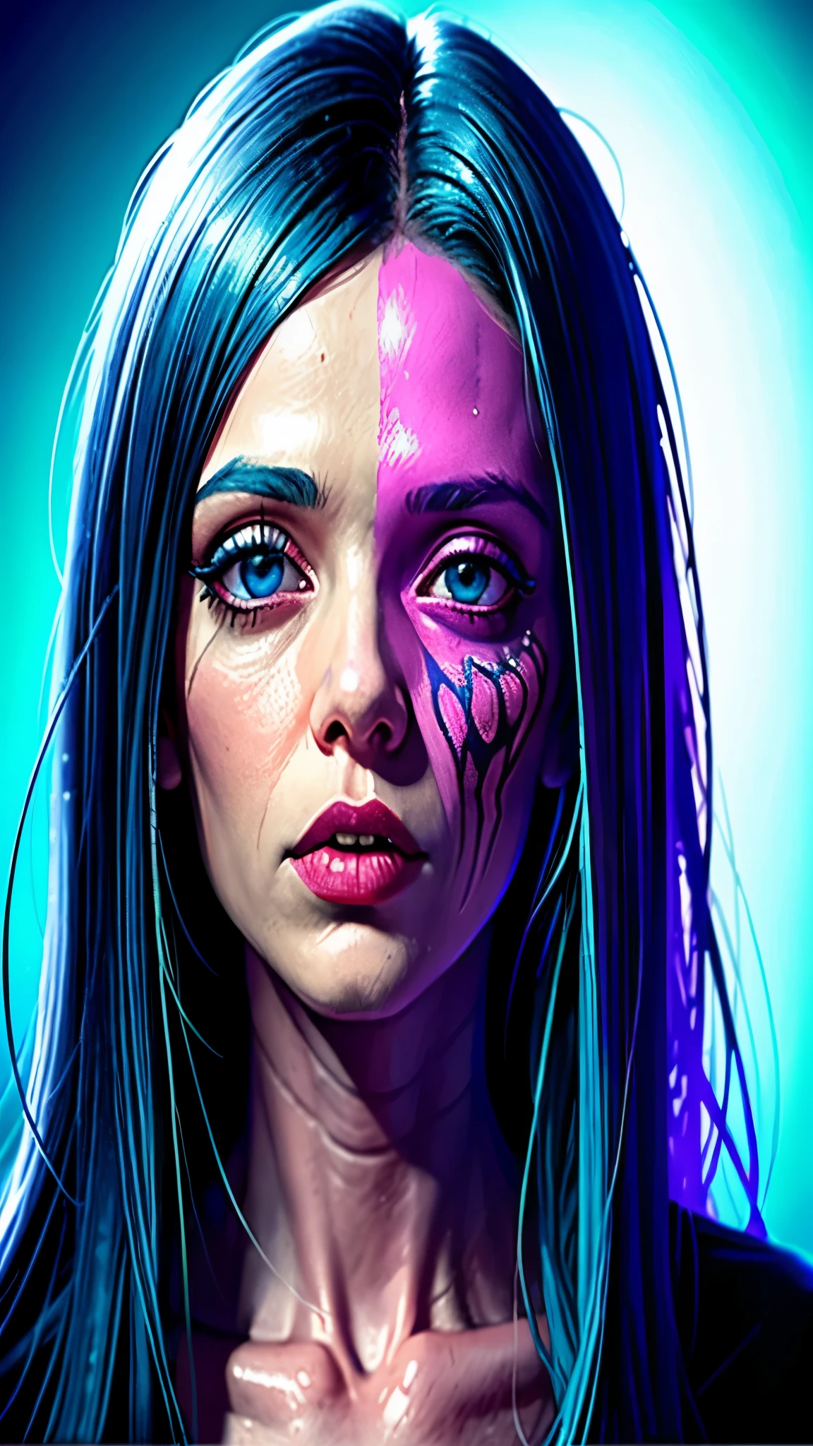 arafed woman with blue hair and a spider face paint, hyper-realistic cyberpunk style, realistic digital art 4k, realistic digital art 4 k, cyberpunk art style, cyberpunk portrait, beautiful cyberpunk girl face, cyberpunk style , hyperrealistic, the cyberpunk girl portrait, digital art style, 8 k realistic digital art, cyberpunk digital painting, digital fantasy portrait, futuristic art style
