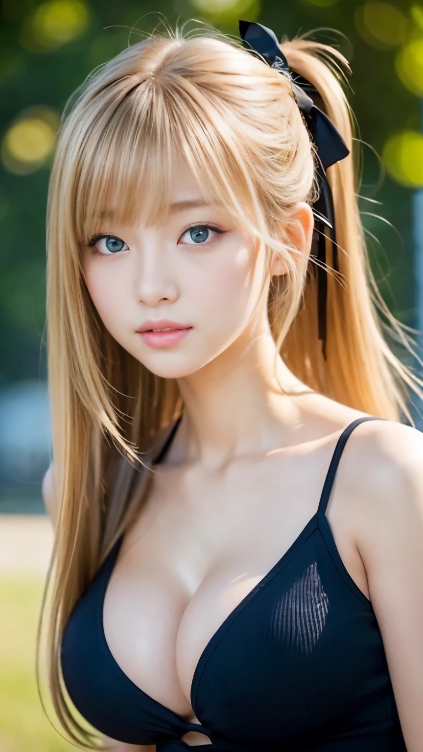 sexy big breasts、 beautiful girl sexy cute looks and cute, beautiful and sexy face、The strong wind blows the hair in front of my face、Beautiful long blonde ponytail with beautiful cute and sexy eyes hidden by her long bangs、cute ribbon、cleavage、