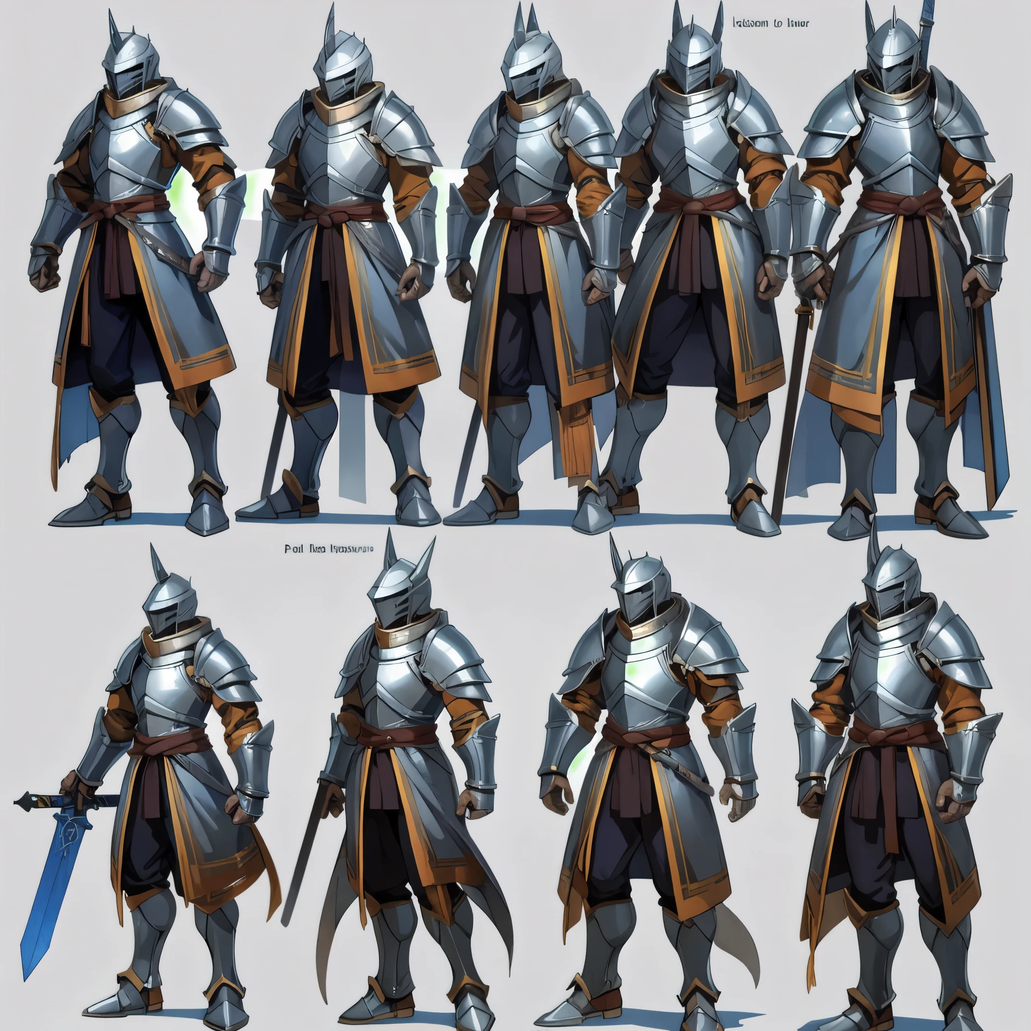 ((masterpiece)), (ultra detailed), (best quality)A character sheet of Mediaeval knight with various angles and full body views. Infographic diagram, details such as his utility Sword, armour, magic items. 3D style, perfect lines, highly polished surfaces, white background