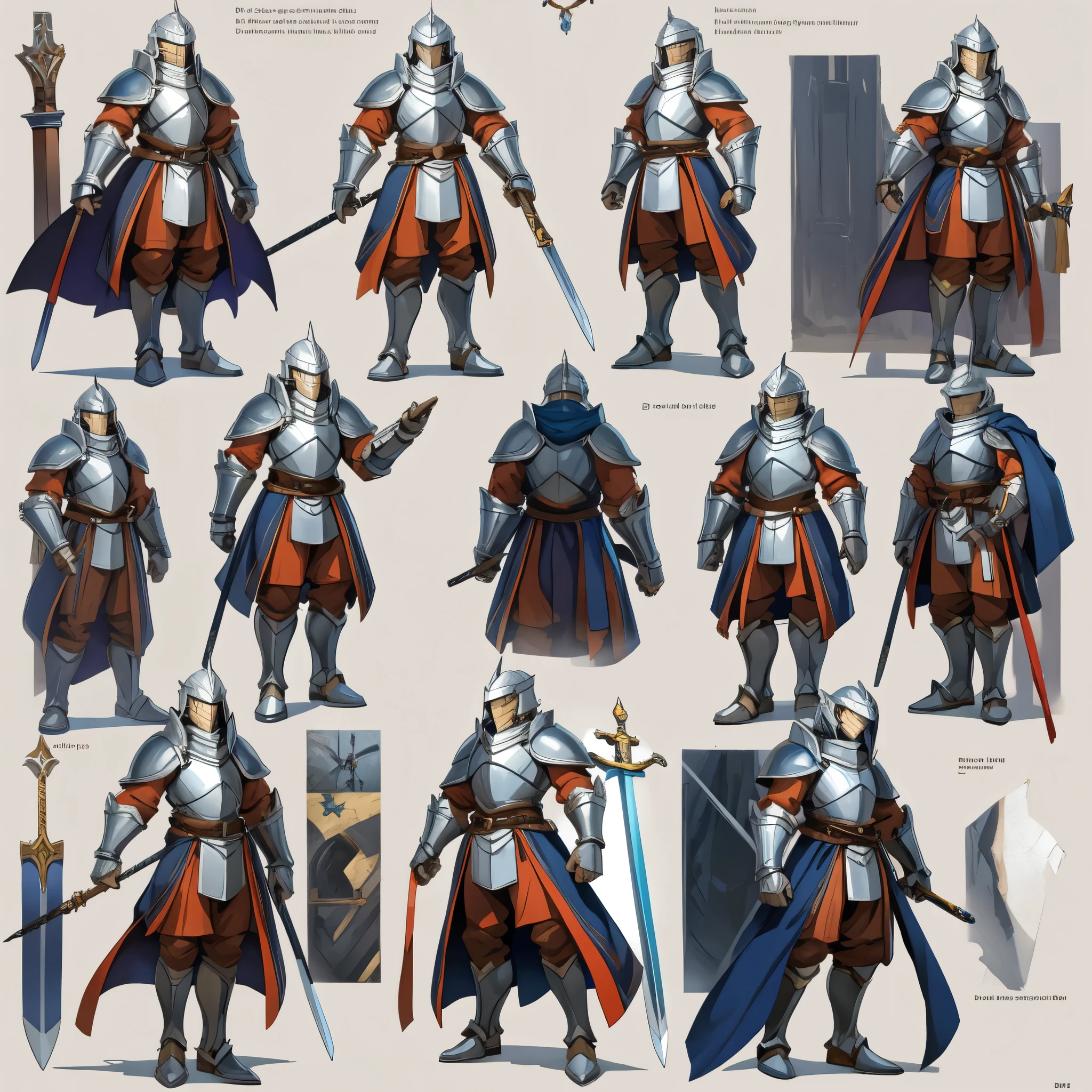 ((masterpiece)), (ultra detailed), (best quality)A character sheet of Mediaeval knight with various angles and full body views. Infographic diagram, details such as his utility Sword, armour, magic items. 3D style, perfect lines, highly polished surfaces, white background
