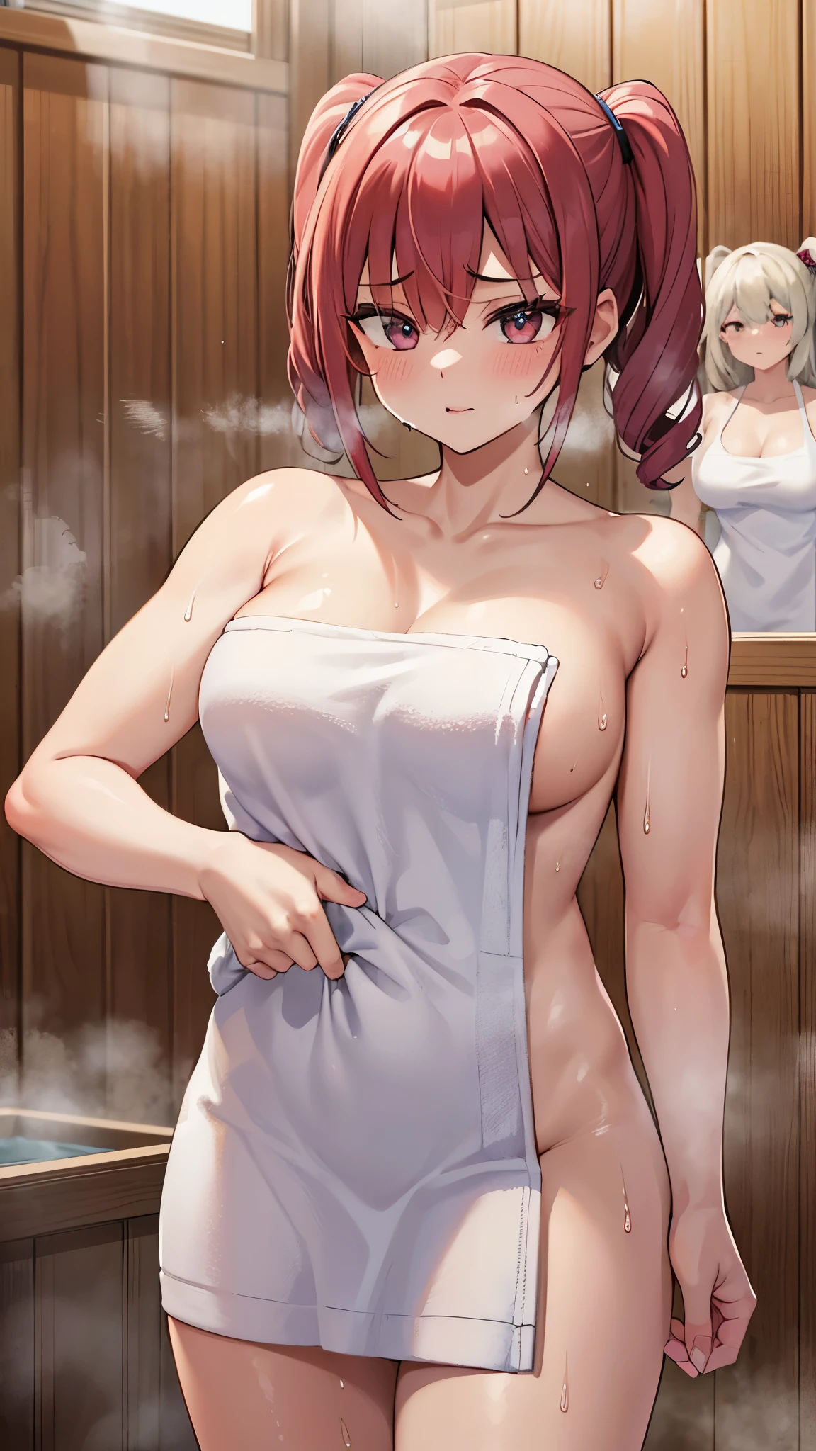 career woman. (sauna). (a lot of sweat:1.4). (full of steam:1.4). (wet bath towel:1.4) .(amount:1.2).(4+Women and girls:1.6), Masseter muscle part, rough skin,High resolution, 超High resolution, 最high qualityの, very detailed, professional lighting, 最high qualityの, 最high quality, acura, anatomically correct, rough skin, Super detailed, advanced details, high quality, 最high quality.