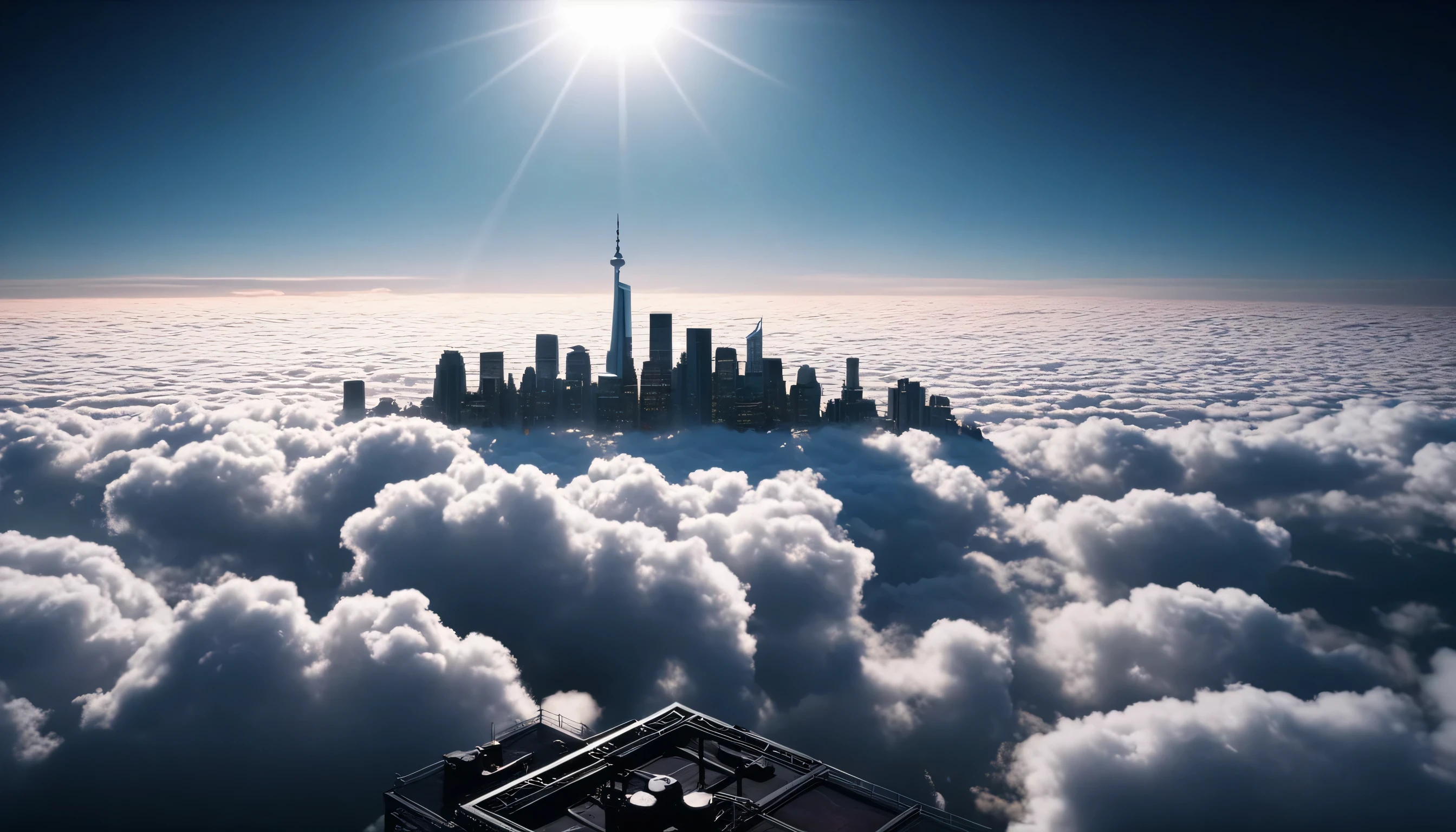 Photo of (above the clouds-city skyline), cinematic, movie still, dramatic lighting, keylighting
