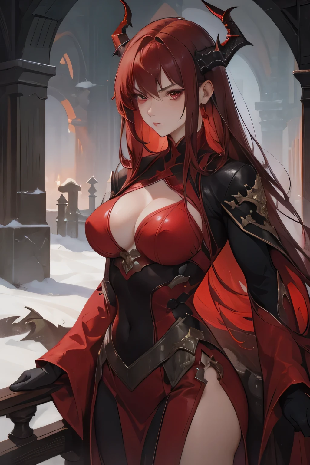 ((dark red hair)), ((dragon horns)), ((deep red eyes)), ((muscular body)) Woman, cold woman, imposing, serious look, cold, fully dressed, serious, full body pose, sword in hands
