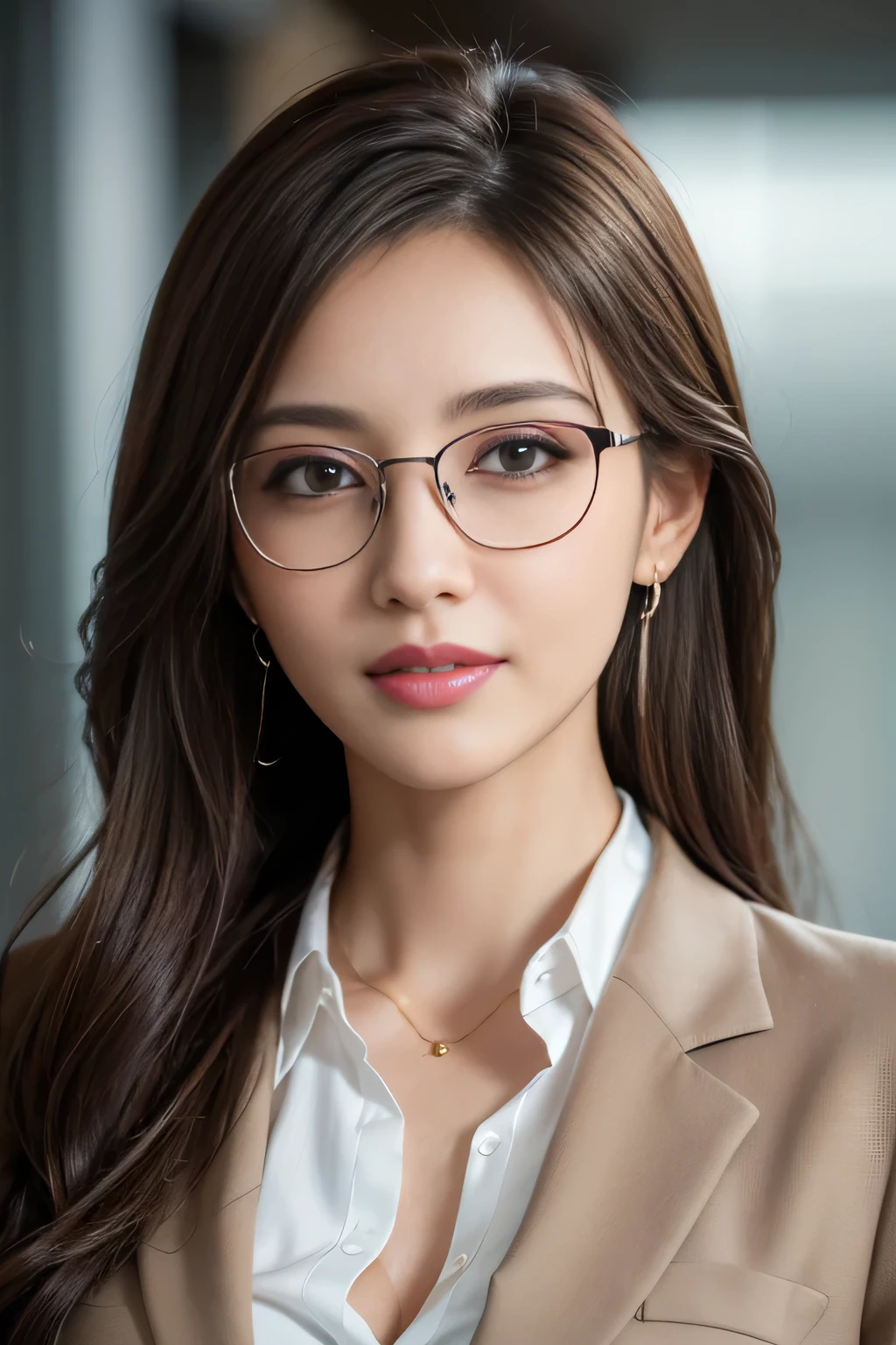 table top, highest quality, realistic, Super detailed, finely, High resolution, 8k wallpaper, 1 beautiful woman,, light brown messy hair, wearing a business suit, sharp focus, perfect dynamic composition, beautiful and detailed eyes, thin hair, Detailed realistic skin texture, smile, close-up portrait, model body shape、thin rimmed glasses、big earrings、