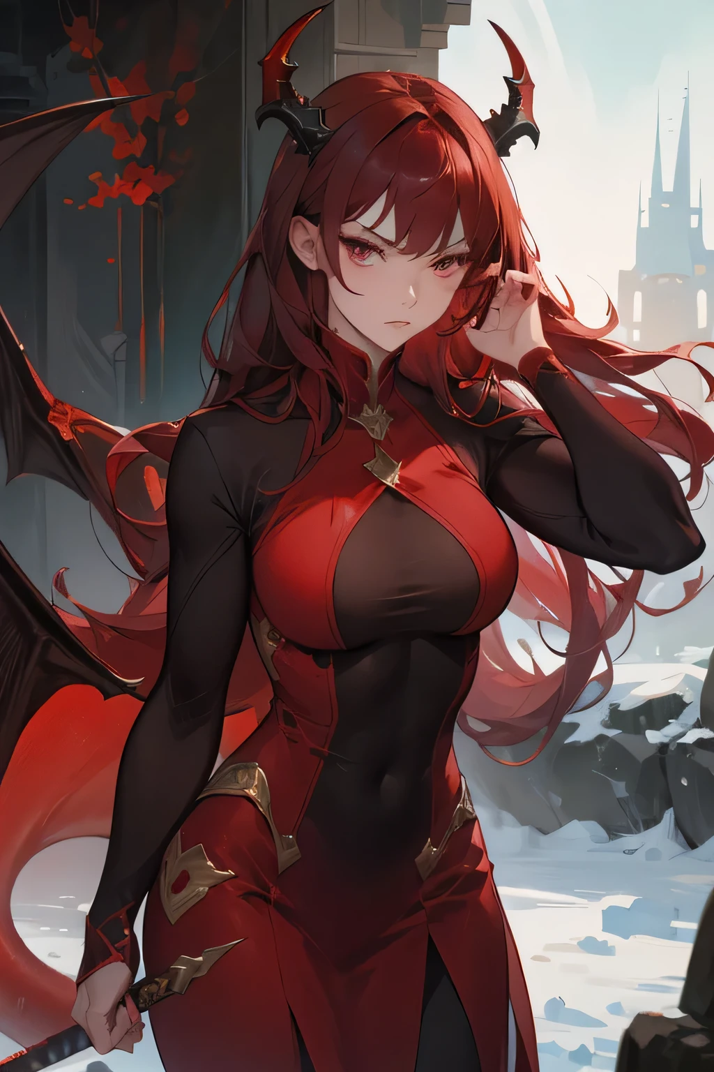 ((dark red hair)), ((dragon horns)), ((deep red eyes)), ((muscular body)) Woman, cold woman, imposing, serious look, cold, fully dressed, serious, full body pose, sword in hands
