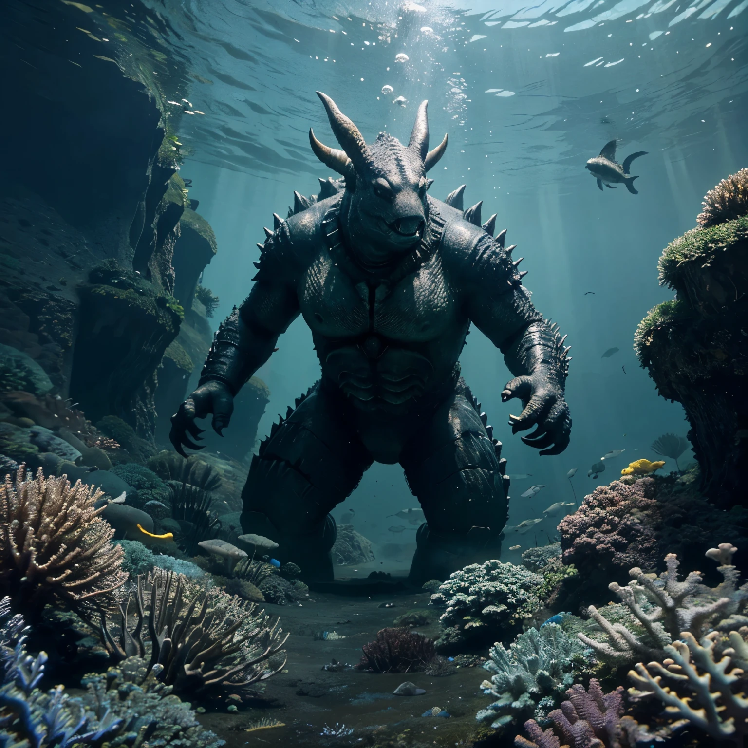 underwater, giant quadrupedal kaiju hunting, marine life in abundance, cores, HD.