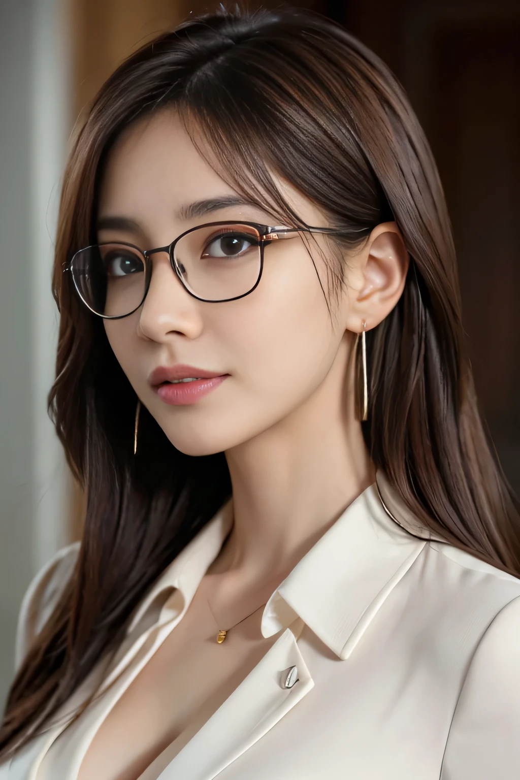table top, highest quality, realistic, Super detailed, finely, High resolution, 8k wallpaper, 1 beautiful woman,, light brown messy hair, wearing a business suit, sharp focus, perfect dynamic composition, beautiful and detailed eyes, thin hair, Detailed realistic skin texture, smile, close-up portrait, model body shape、thin rimmed glasses、big earrings、