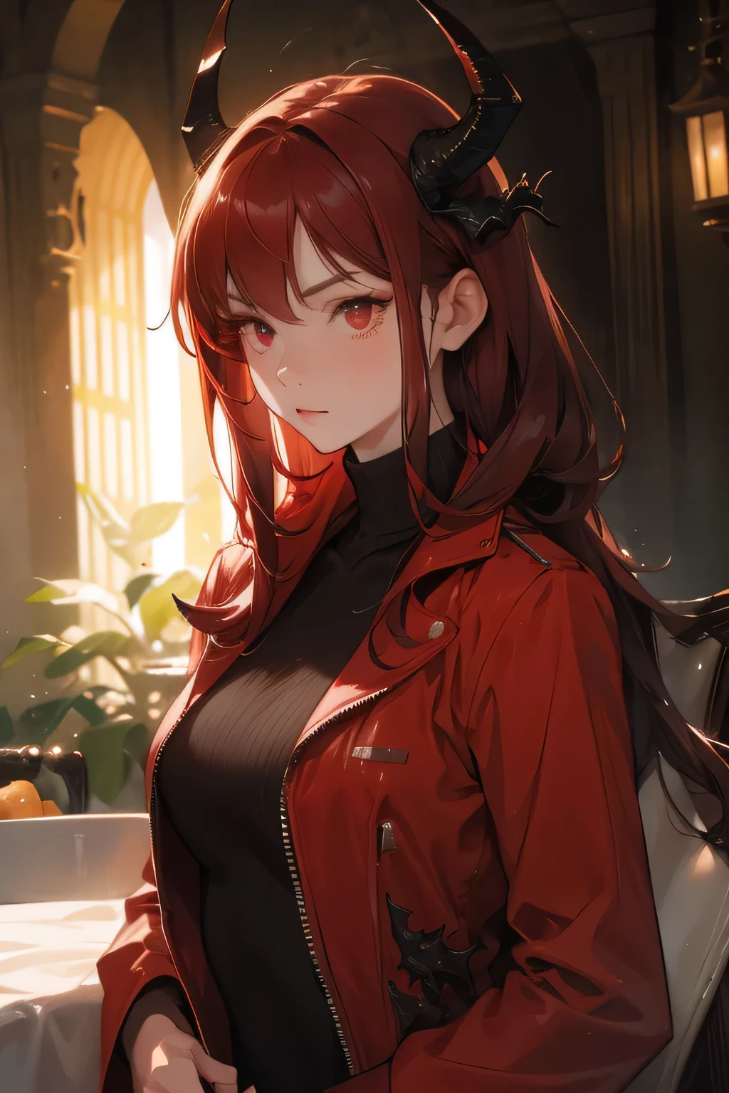 ((dark red hair)), ((dragon horns)), ((deep red eyes)), ((muscular body)) Woman, cold woman, imposing, serious look, cold, fully dressed, serious, full body pose, sword in hands