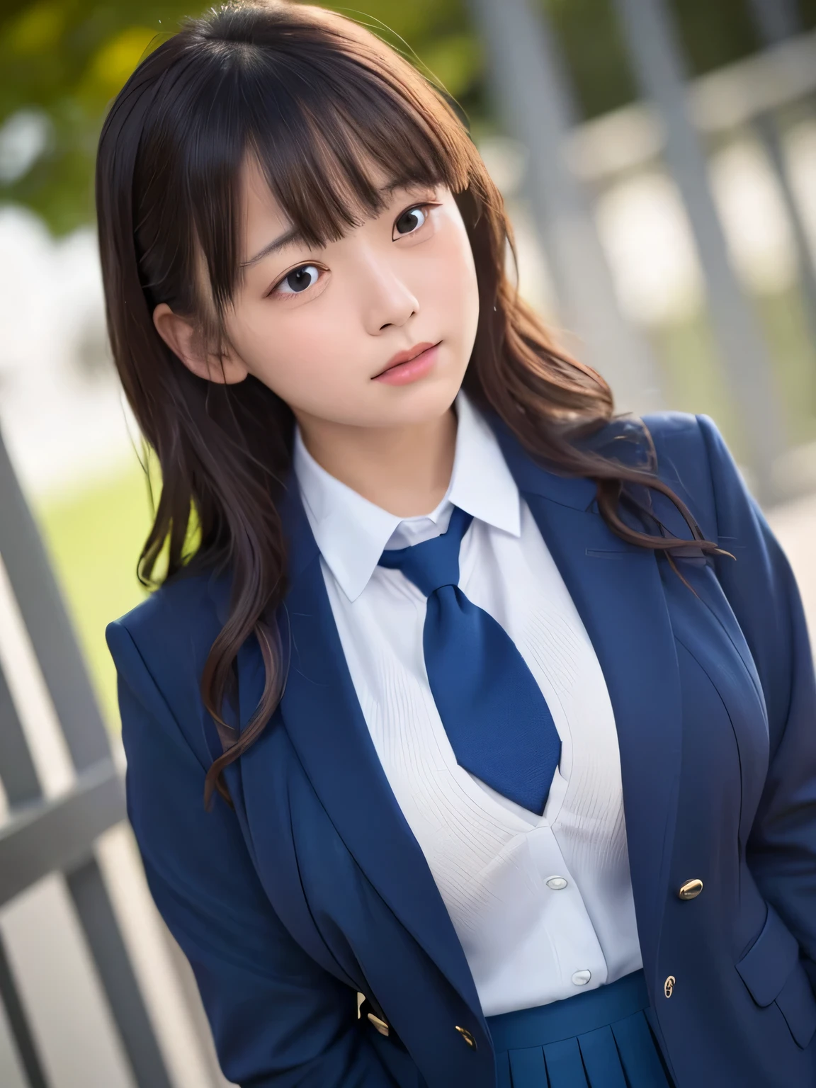 8k, highest quality, real image, intricate details, Super detailed, ultra high resolution, depth field,(realistic,realistic:1.2), (crying face:1.2), tears, lamentation, from front, 1 Japanese girl, very beautiful 17 year old girl, (beautiful breasts:1.5, highly detailed eyes:1.2), (beautiful breasts:1.1), (small breasts:1.5), wavy hair、curly hair、bangs, perfect skin, Fair skin, huge hips, thick thighs, thick legs, tight waist, alone, looking at the viewer, (School_uniform),(dark blue blazer), (white shirt、wear a tie), (gray pleated skirt), (sculpture installation :1.1)