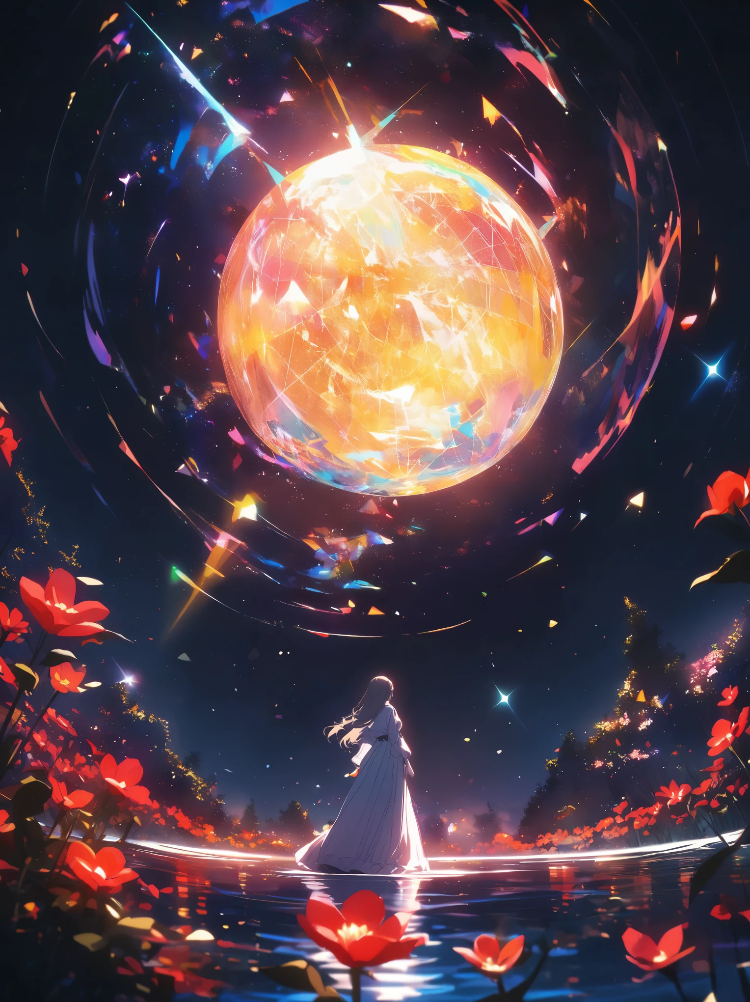in the style of ray tracing, an ethereal white woman in long dress stands on top of a glowing island surrounded by red flowers floating over water. The black sky is reflected with neon lights and yellow light shines from behind her. A small tree grows at its center that glows like firelight. In the background there's another person wearing all dark standing far away