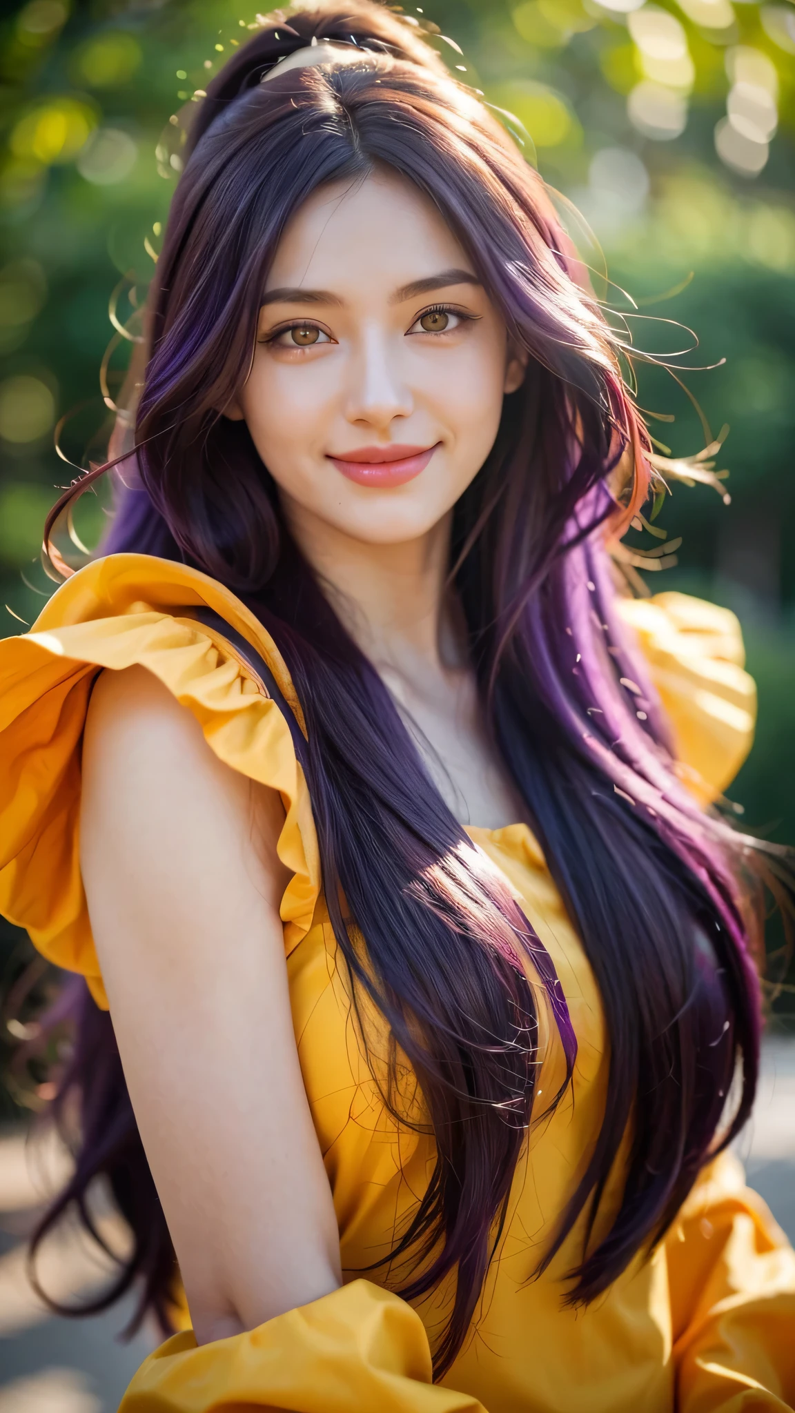 1girl,,long hair,purple hair,yellow eyes,beautiful, smile,orange clothes,skin brown,nature background ,ultra detail,realistic,red lips,(best quality:1.2),ultra-detailed,(realistic:1.37),HDR,UHD,sharp focus,physically-based rendering,extreme detail description,professional,vivid colors,portraits