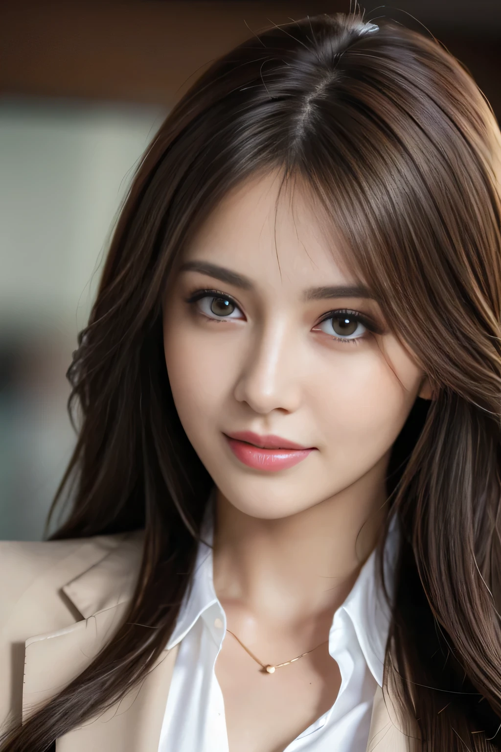 table top, highest quality, realistic, Super detailed, finely, High resolution, 8k wallpaper, 1 beautiful woman,, light brown messy hair, wearing a business suit, sharp focus, perfect dynamic composition, beautiful and detailed eyes, thin hair, Detailed realistic skin texture, smile, close-up portrait, model body shape
