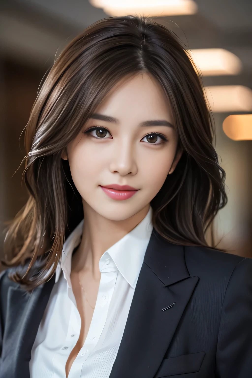 table top, highest quality, realistic, Super detailed, finely, High resolution, 8k wallpaper, 1 beautiful woman,, light brown messy hair, wearing a business suit, sharp focus, perfect dynamic composition, beautiful and detailed eyes, thin hair, Detailed realistic skin texture, smile, close-up portrait, model body shape