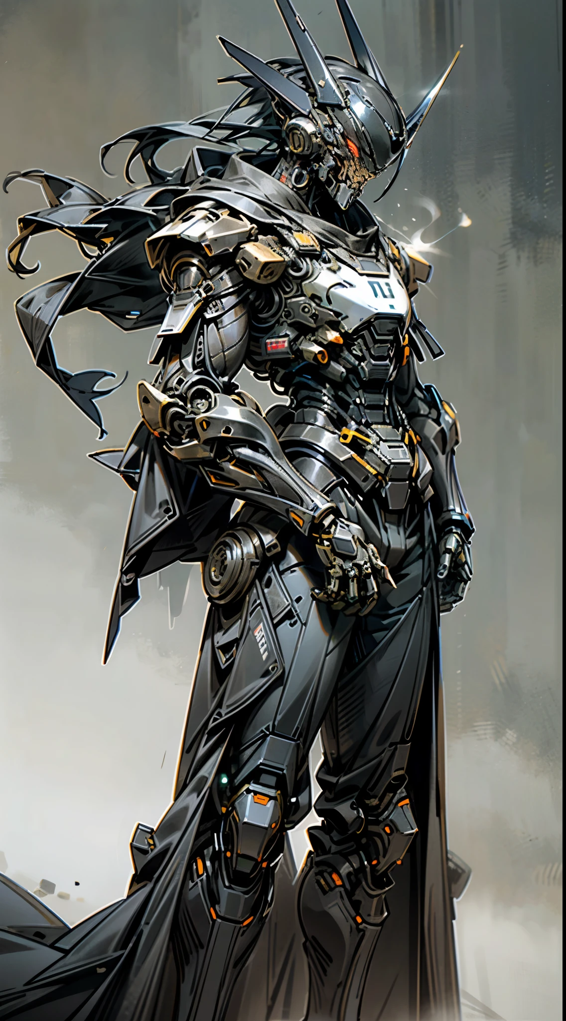 DarK_fantasy,CyberpunK,The wonders of a one-man machine,robot-like being,cybernetic guardian, samurai mechanical armor, Katana on the waist, really great art,wearing a blacK cloaK, highest quality art, highest resolution, very detailed,blacK and red, futuristic, samurai robot, in the atmosphere,8K,K, hd, an unparalleled masterpiece, dynamic lighting, cinematic, amazing,laser blade,black,red,