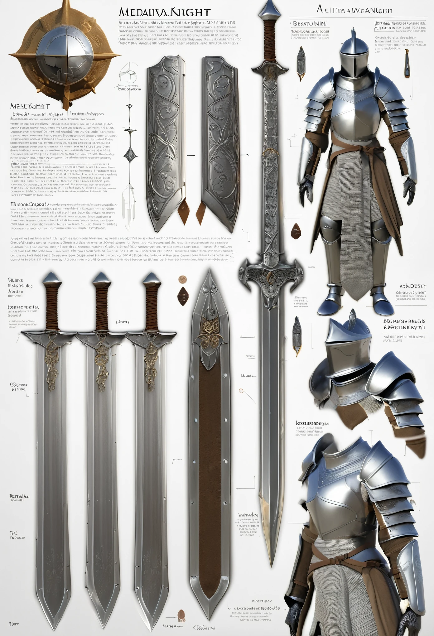((masterpiece)), (ultra detailed), (best quality)A character sheet of Mediaeval knight with various angles and full body views. Infographic diagram, details such as his utility Sword, armour, magic items. 3D style, perfect lines, highly polished surfaces, white background

